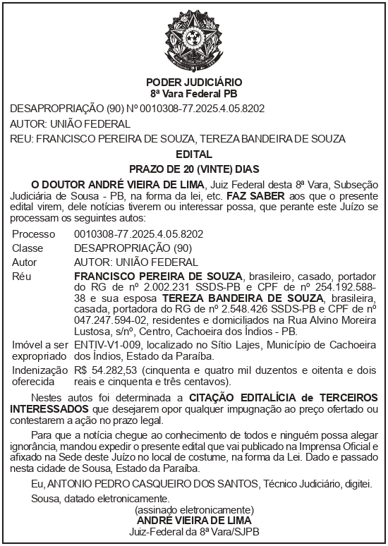 SECRETARIA NACIONAL DE SEGURANÇA HIDRICA – SNSH – MDR – DF – BRASÍLIA – Edital de Citação de Terceiros Interessados – ENTIV-V1-009 (FRANCISCO PEREIRA DE SOUZA)