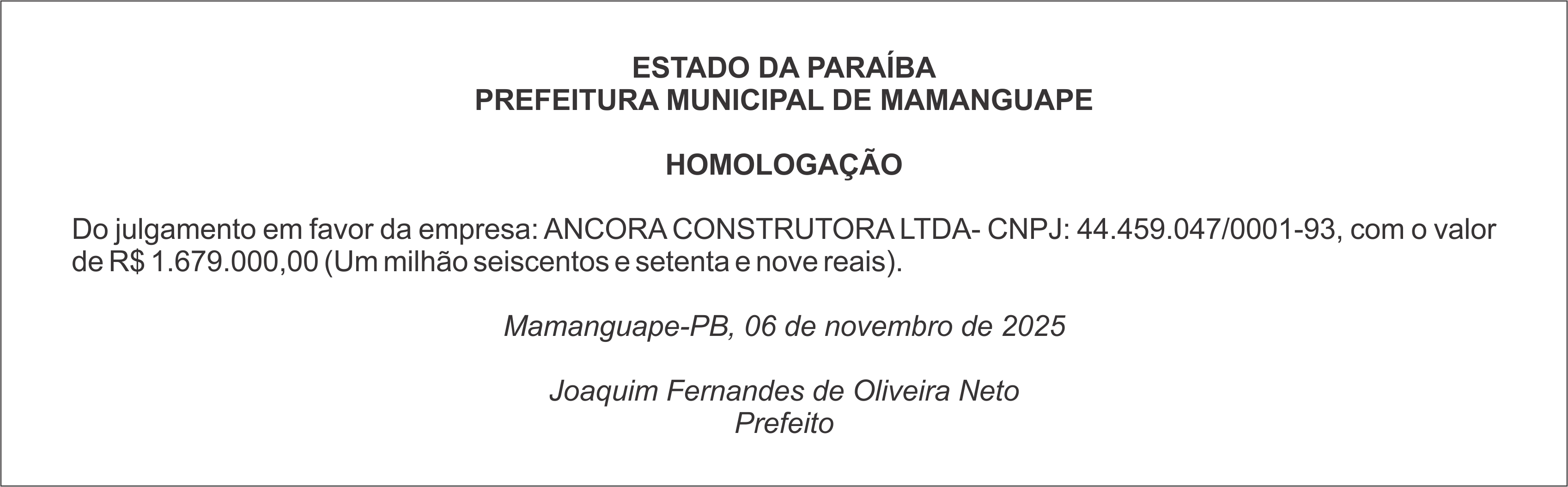 PREFEITURA MUNICIPAL DE MAMANGUAPE – HOMOLOGAÇÃO