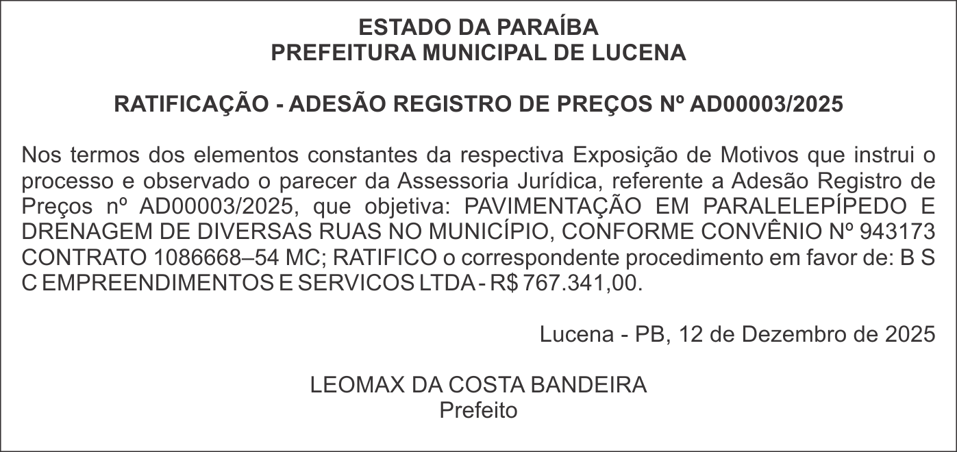 PREFEITURA MUNICIPAL DE LUCENA – RATIFICAÇÃO – ADESÃO REGISTRO DE PREÇOS Nº AD00003/2025