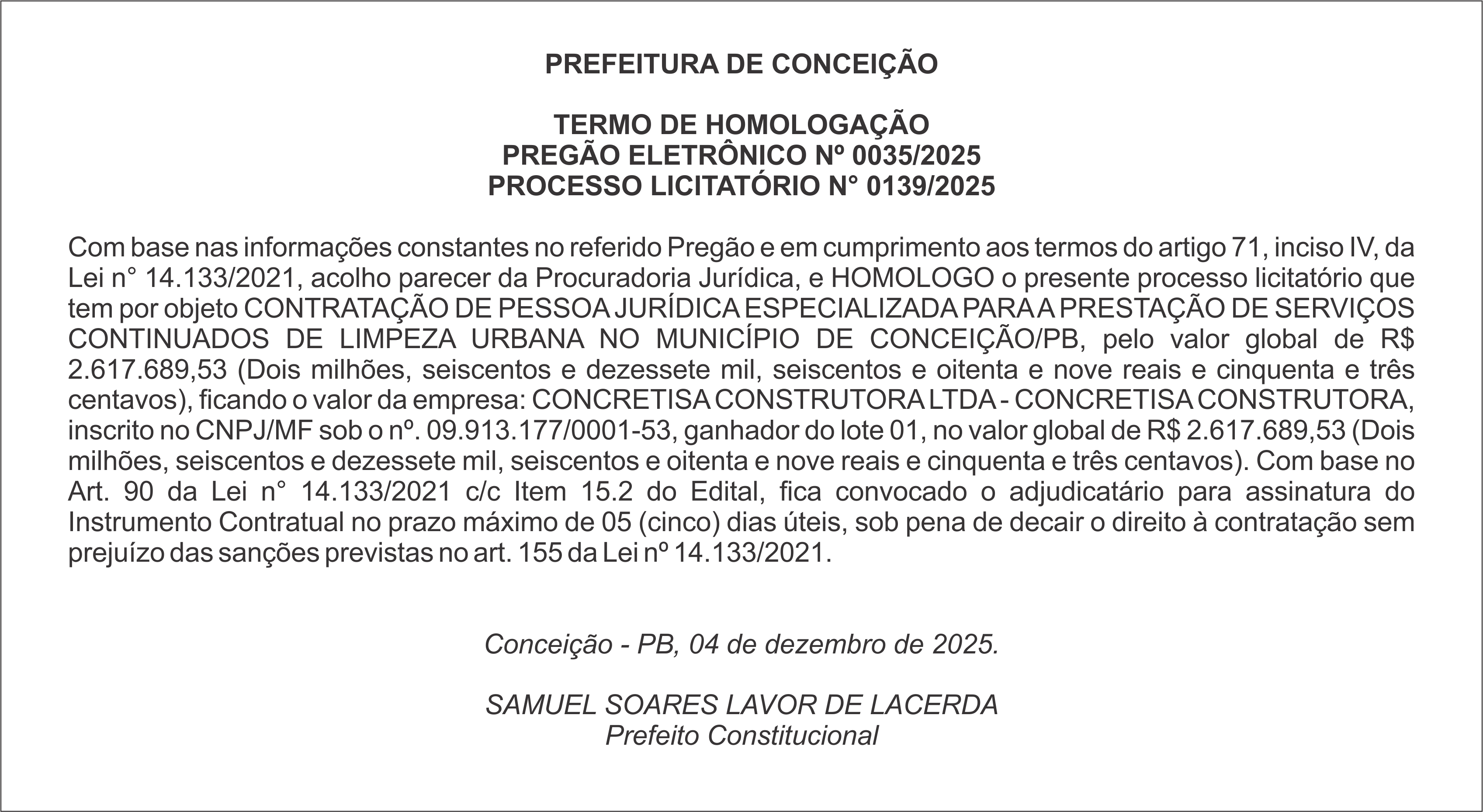 PREFEITURA MUNICIPAL DE CONCEIÇÃO – TERMO DE HOMOLOGAÇÃO – PREGÃO ELETRÔNICO Nº 0035/2025