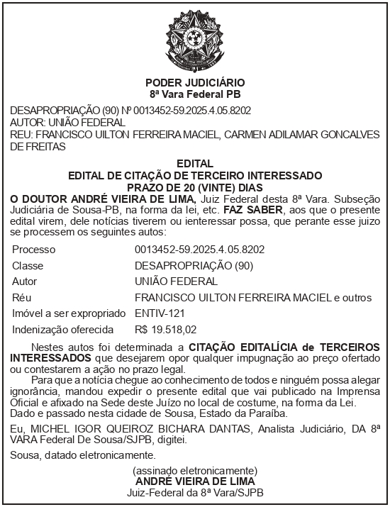 SECRETARIA NACIONAL DE SEGURANÇA HIDRICA – SNSH – MDR – DF – BRASÍLIA – Edital de Citação de Terceiros Interessados – ENTIV-121 (FRANCISCO UILTON FERREIRA MACIEL)