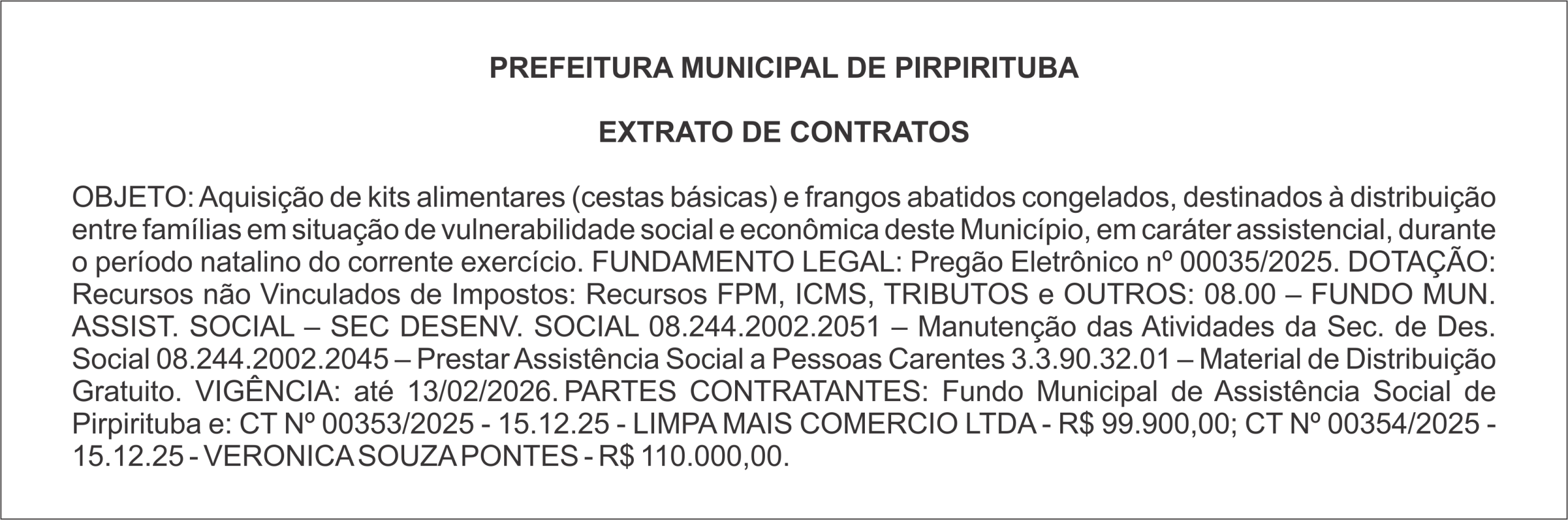 PREFEITURA MUNICIPAL DE PIRPIRITUBA – EXTRATO DE CONTRATO