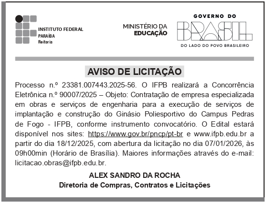 IFPB – PB – JOÃO PESSOA – REITORIA – CONCORRÊNCIA n.o 90007/2025 – PEDRAS DE FOGO