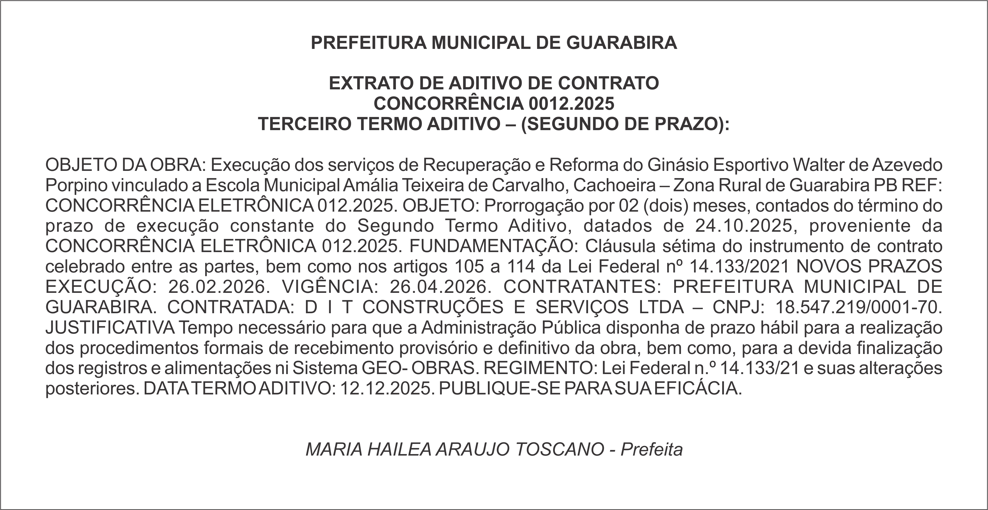 PREFEITURA MUNICIPAL DE GUARABIRA – EXTRATO DE ADITIVO DE CONTRATO – CONCORRÊNCIA 0012.2025