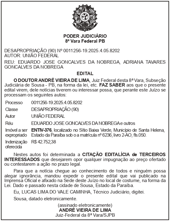 SECRETARIA NACIONAL DE SEGURANÇA HIDRICA – SNSH – MDR – DF – BRASÍLIA – Edital de Citação de Terceiros Interessados – ENTIV-376 (EDUARDO JOSÉ GONÇALVES DA NÓBREGA)