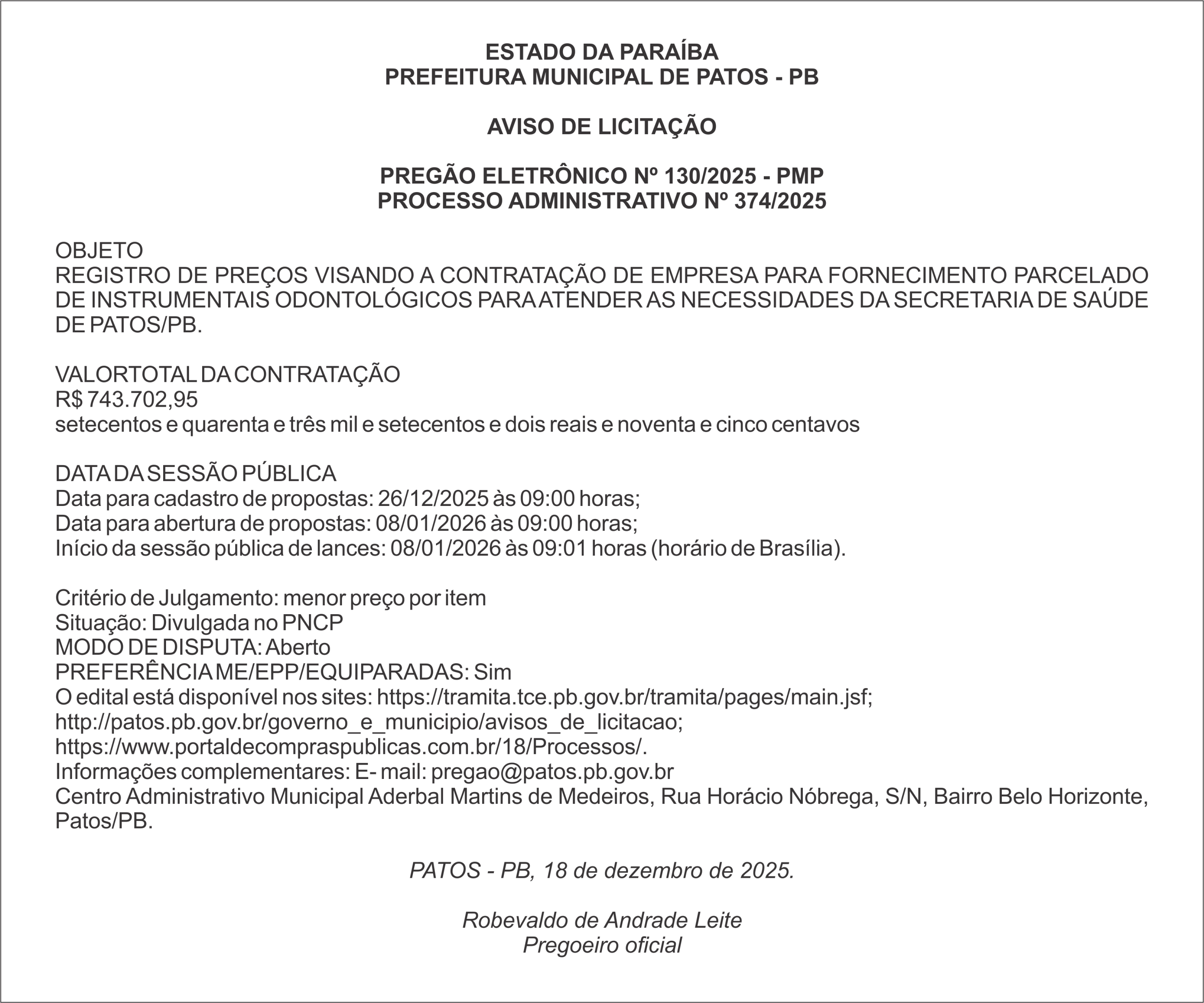 PREFEITURA MUNICIPAL DE PATOS – PB PREGÃO ELETRÔNICO Nº 130/2025 – PMP