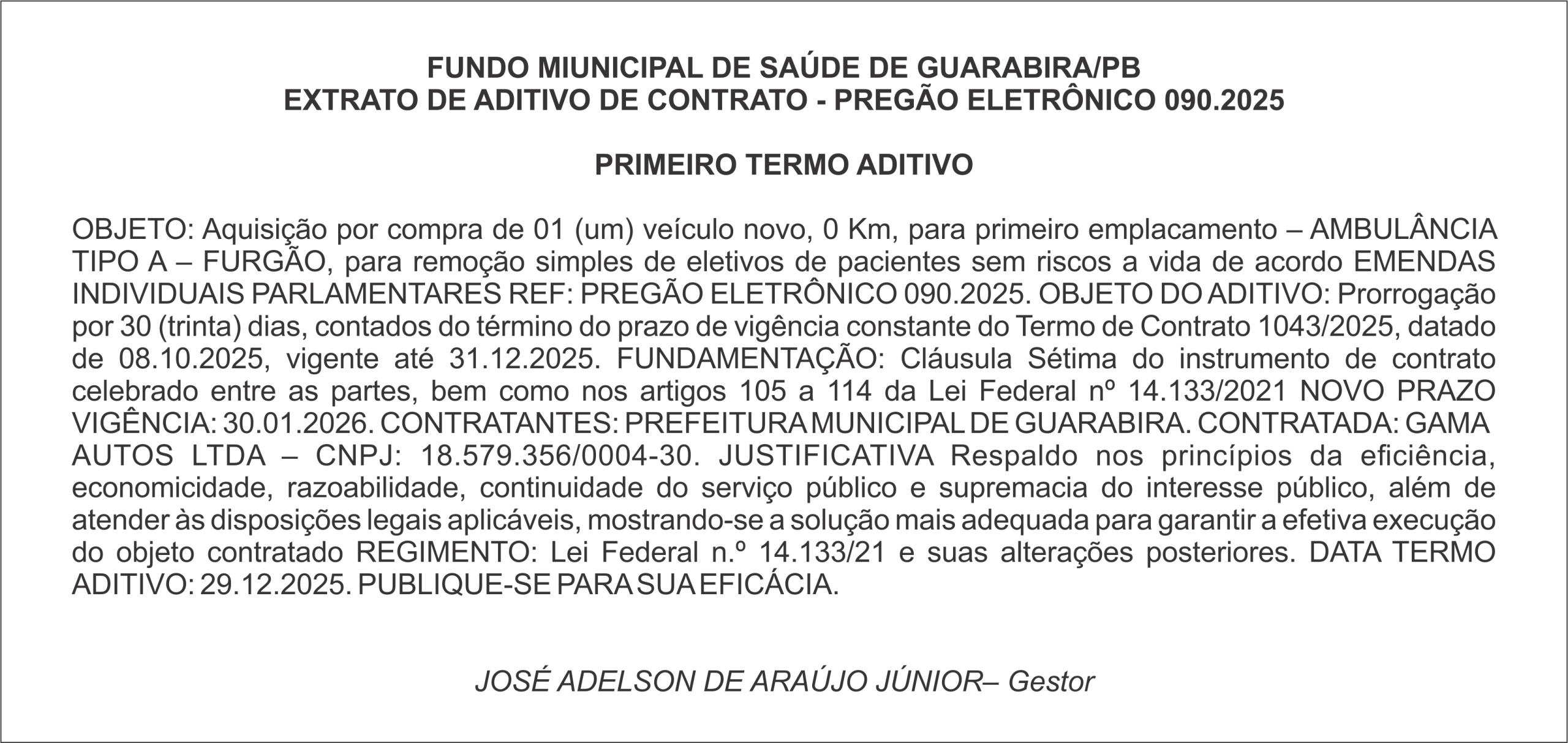 FUNDO MIUNICIPAL DE SAÚDE DE GUARABIRA/PB – EXTRATO DE ADITIVO DE CONTRATO – PREGÃO ELETRÔNICO 090.2025