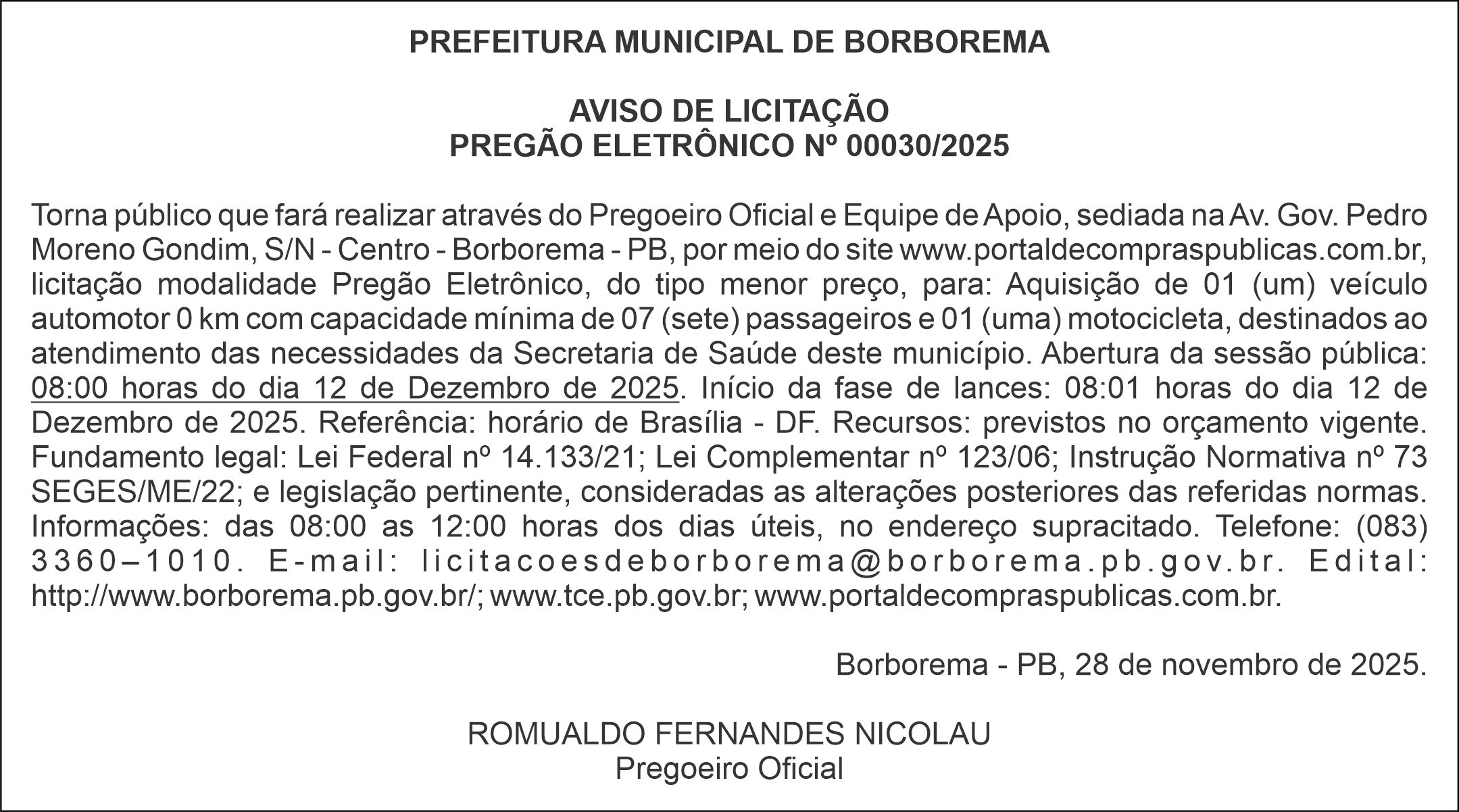 PREFEITURA MUNICIPAL DE BORBOREMA – AVISO DE LICITAÇÃO – PREGÃO ELETRÔNICO Nº 00030/2025