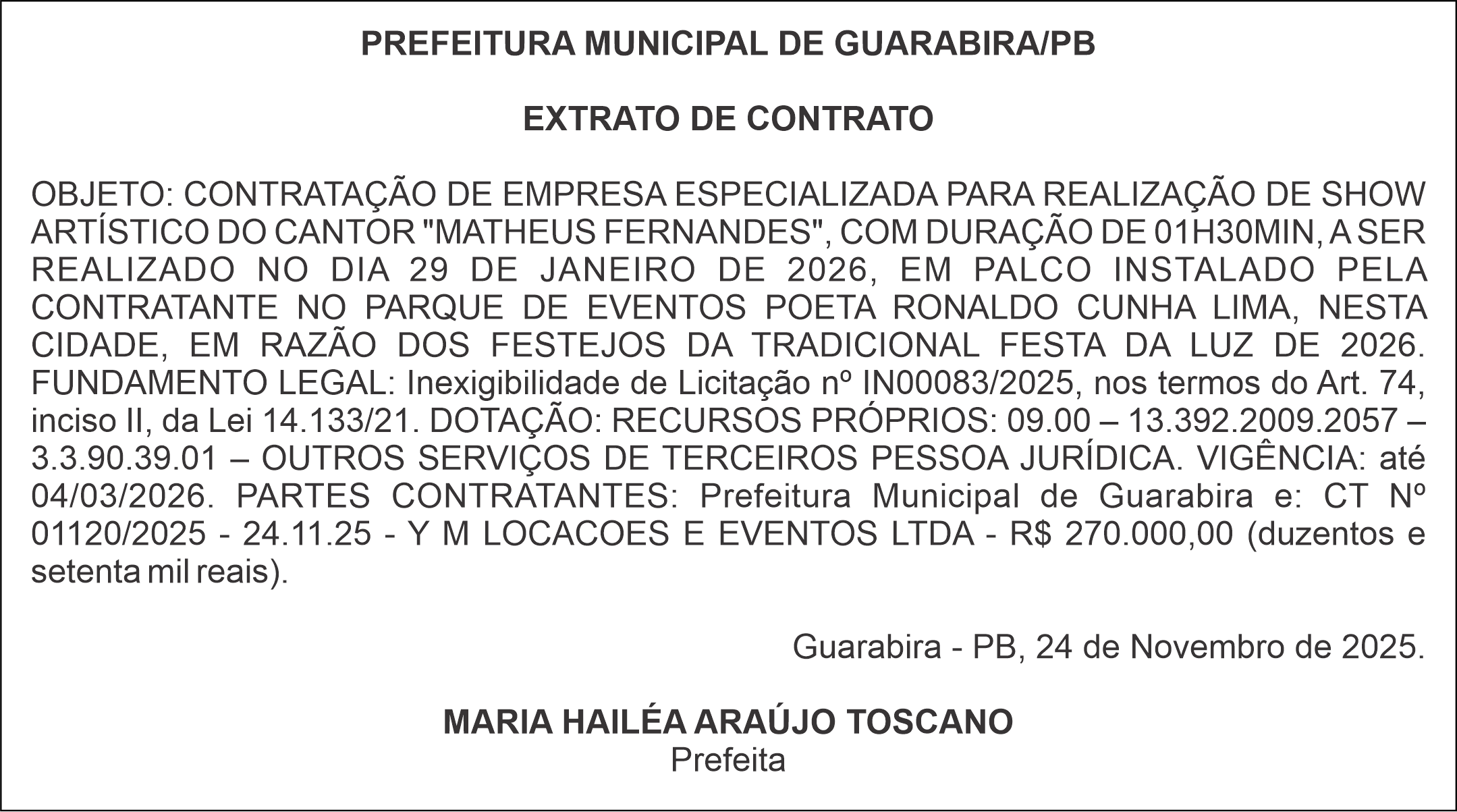 PREFEITURA MUNICIPAL DE GUARABIRA/PB – EXTRATO DE CONTRATO