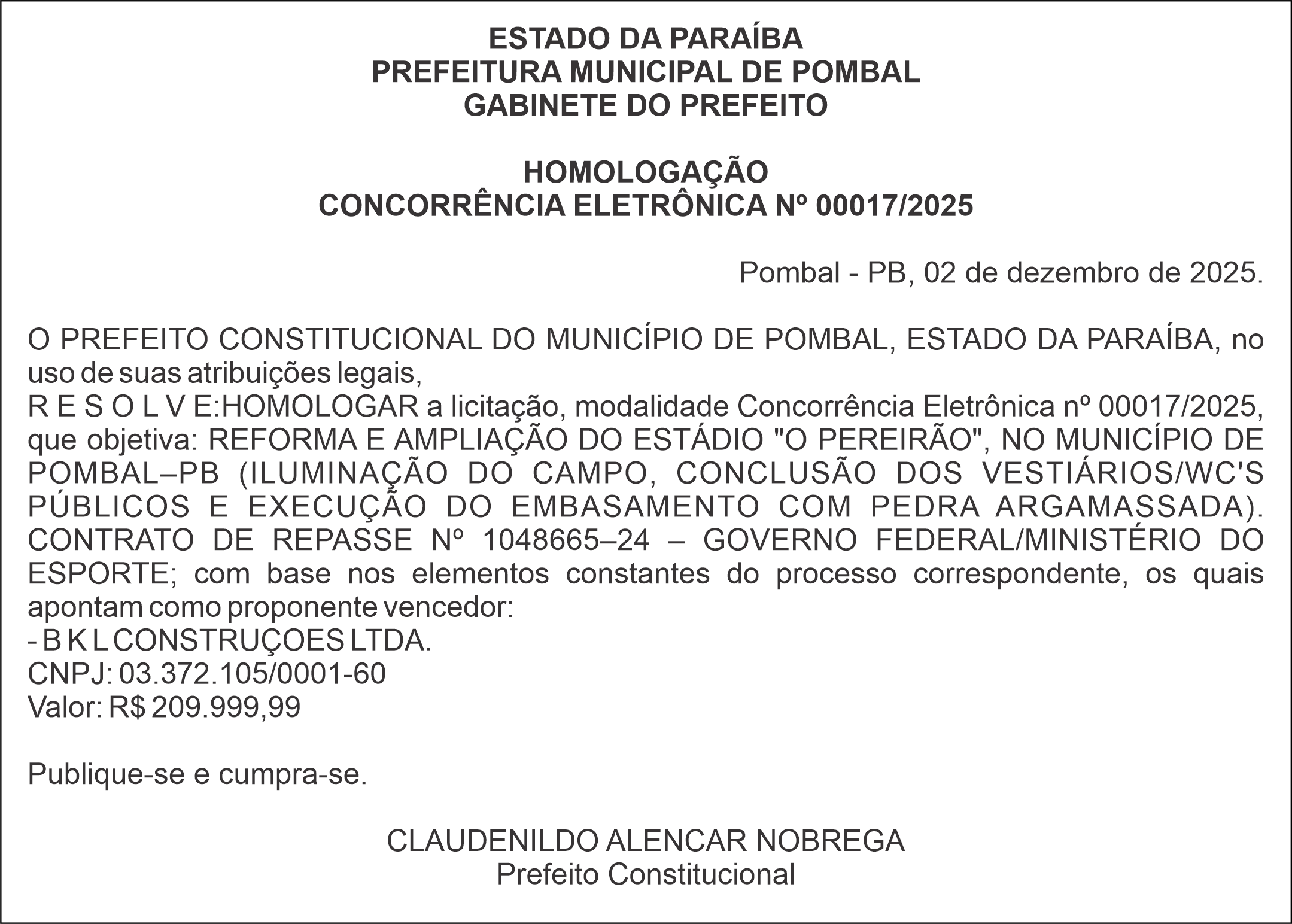 PREFEITURA MUNICIPAL DE POMBAL – HOMOLOGAÇÃO – CONCORRÊNCIA ELETRÔNICA Nº 00017/2025
