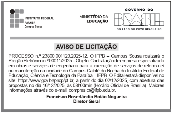 IFPB – PB – SOUSA – CAMPUS – AVISO DE LICITAÇÃO – Pregão Eletrônico No 90011/2025