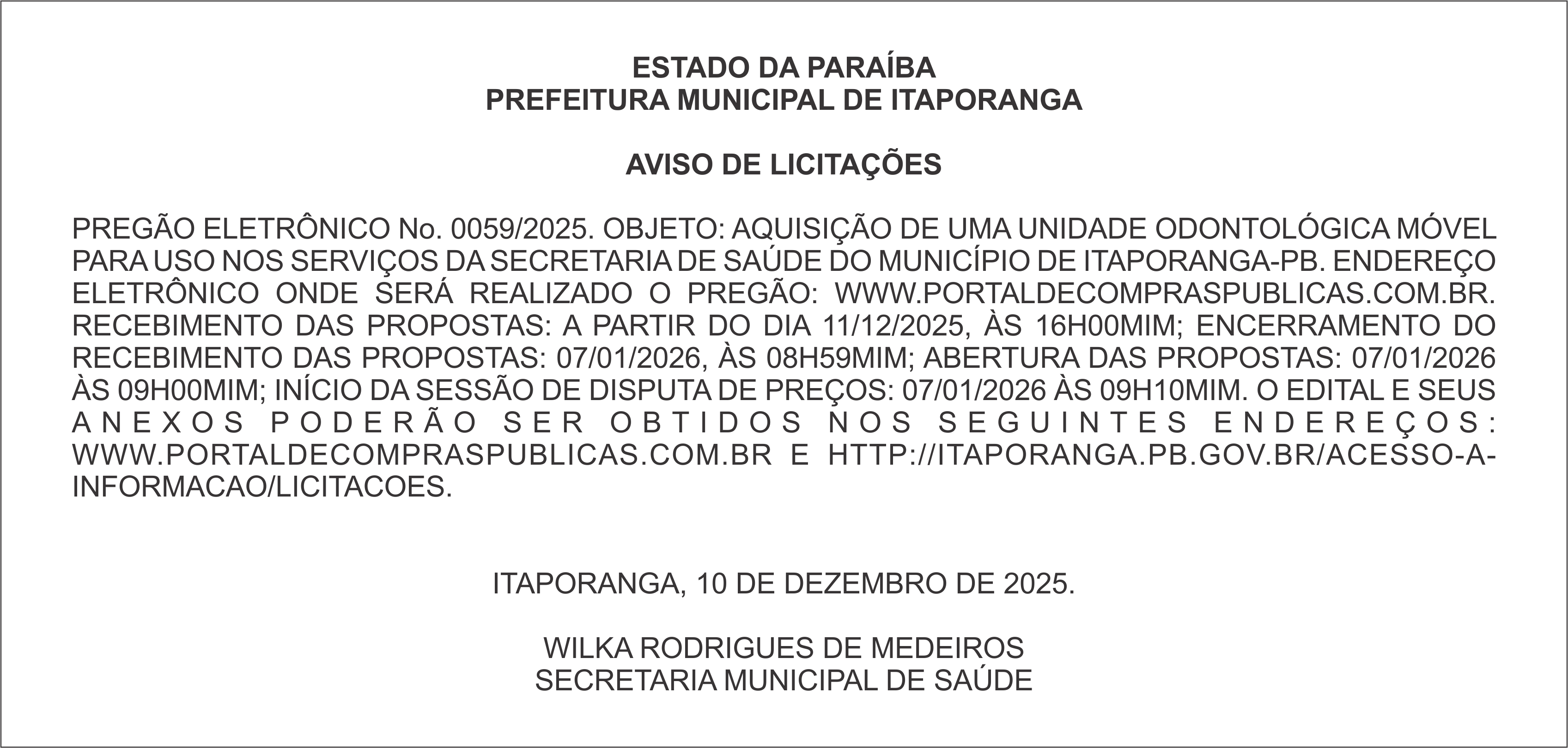 PREFEITURA MUNICIPAL DE ITAPORANGA – AVISO DE LICITAÇÕES – PREGÃO ELETRÔNICO No. 0059/2025