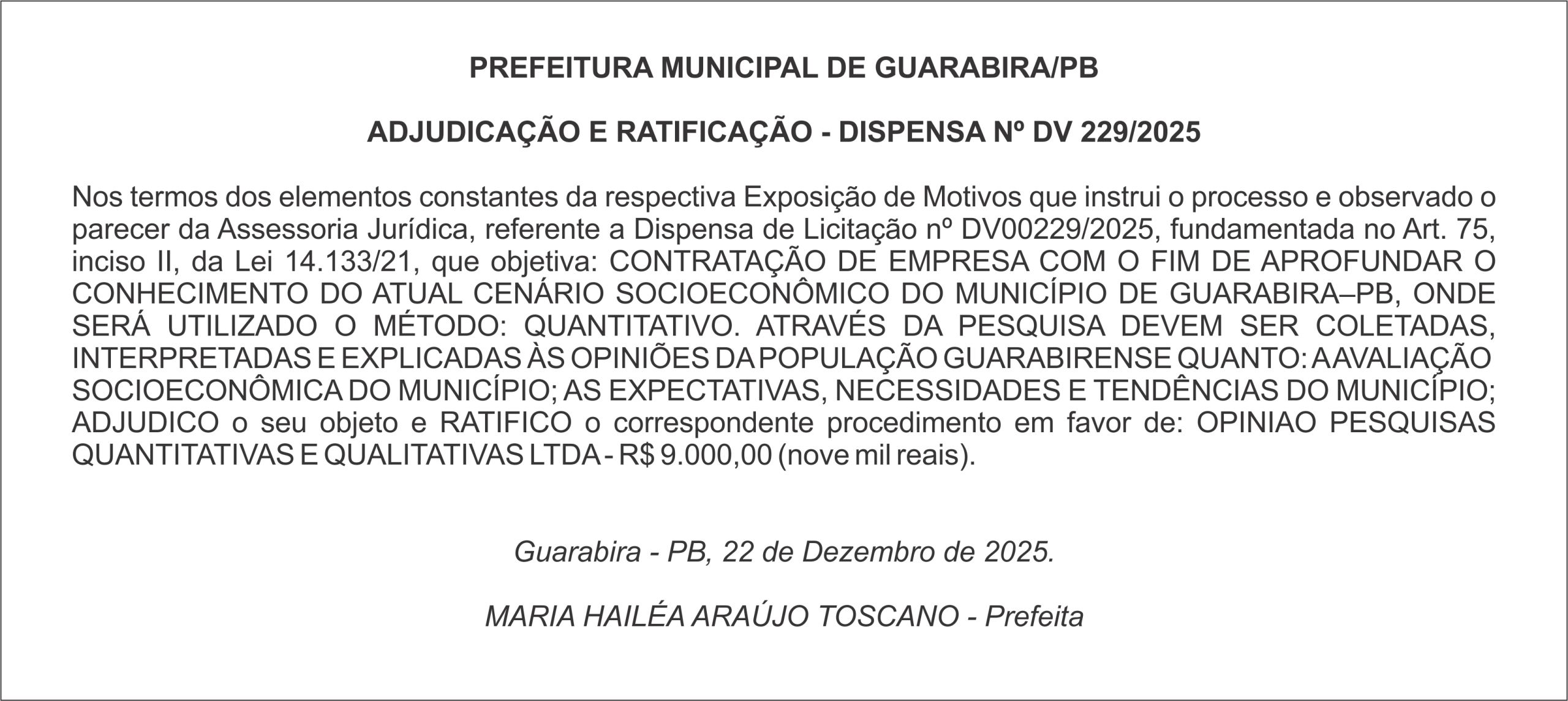 PREFEITURA MUNICIPAL DE GUARABIRA/PB – ADJUDICAÇÃO E RATIFICAÇÃO – DISPENSA Nº DV 229/2025