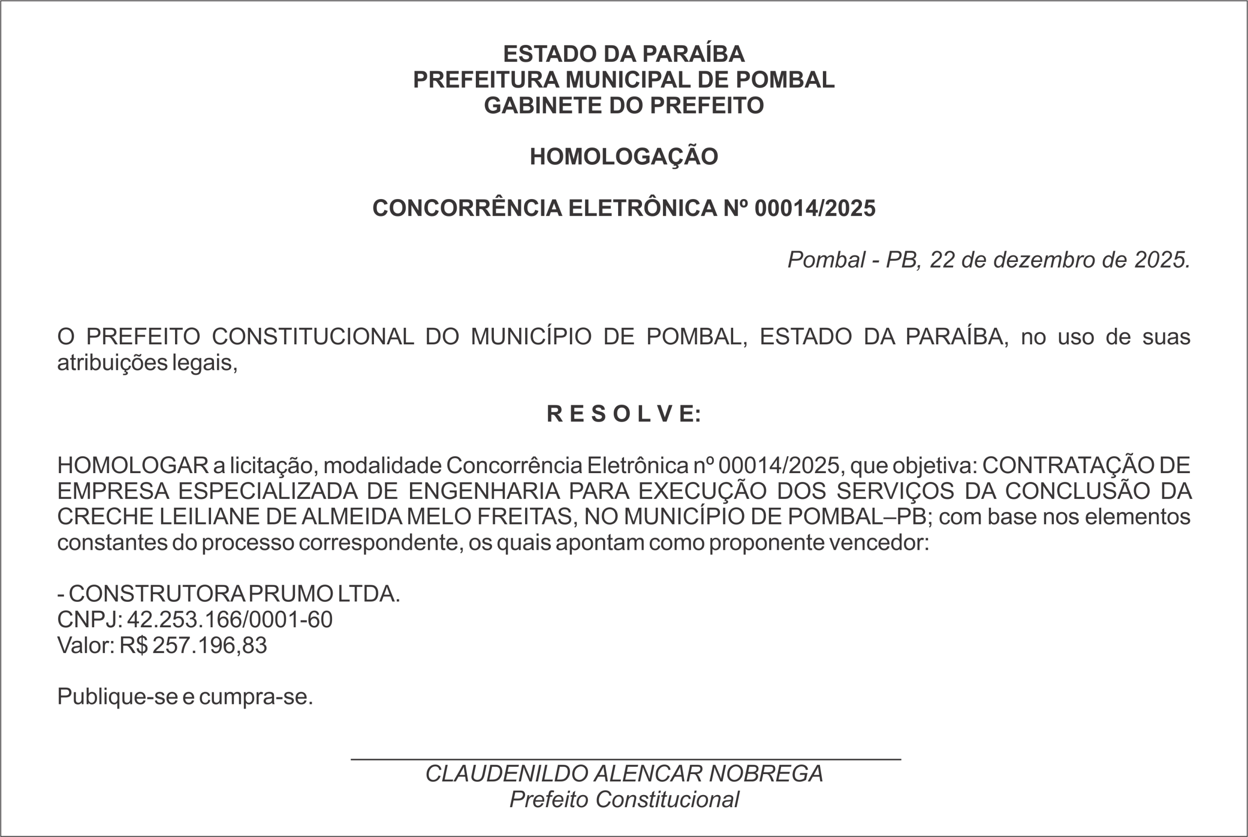PREFEITURA MUNICIPAL DE POMBAL – HOMOLOGAÇÃO