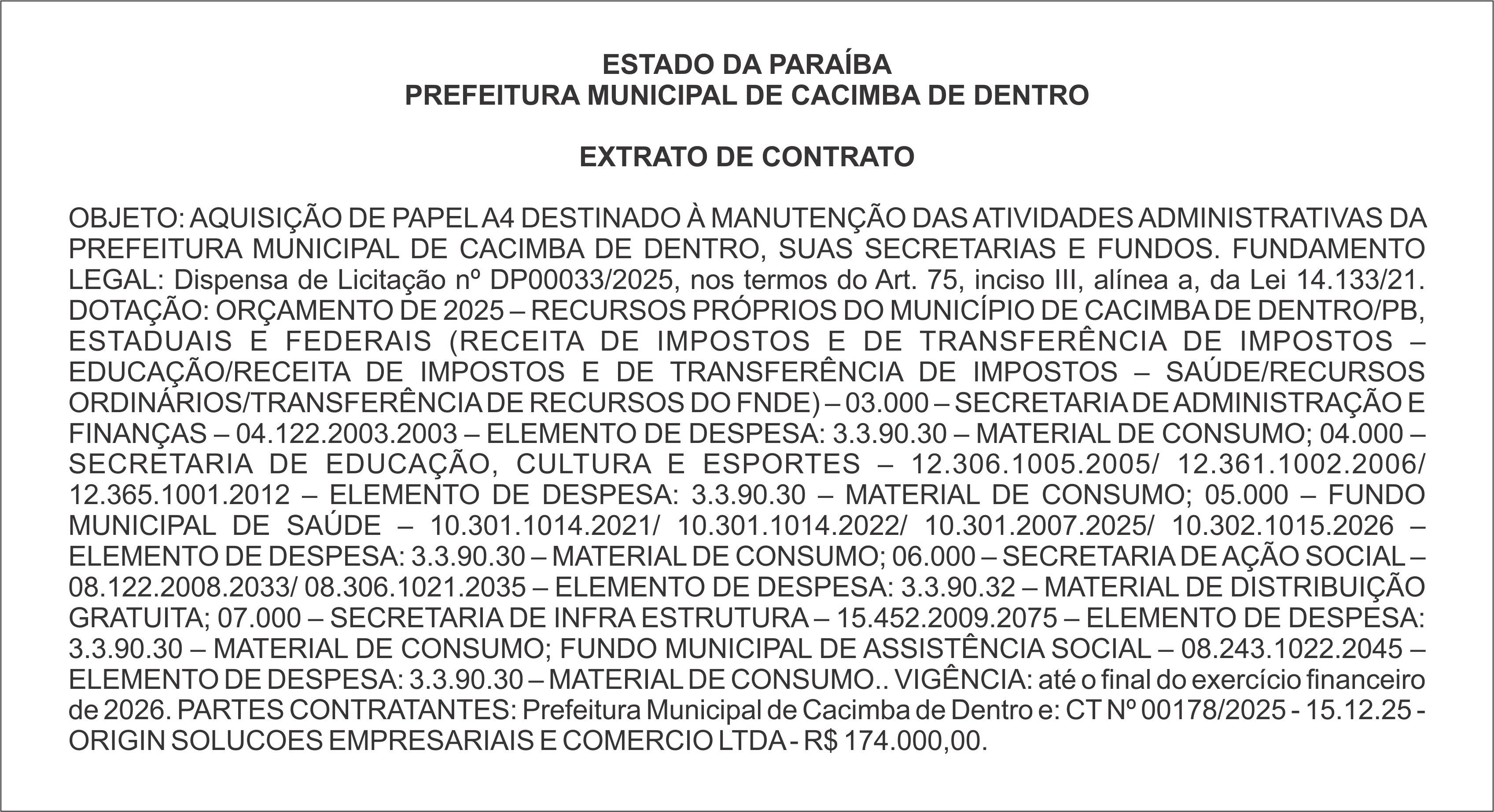 PREFEITURA MUNICIPAL DE CACIMBA DE DENTRO – EXTRATO DE CONTRATO