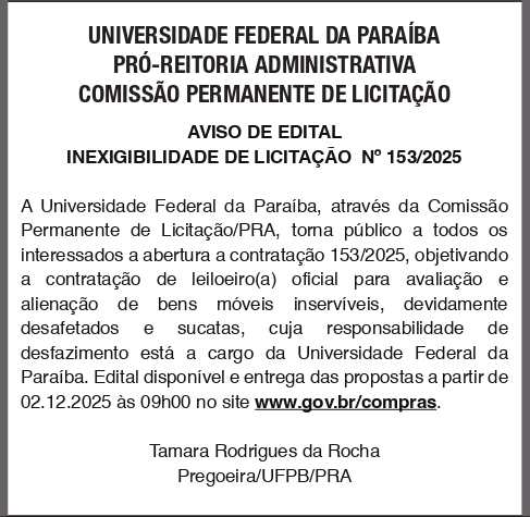 UFPB – INEXIGIBILIDADE DE LICITAÇÃO No 153/2025