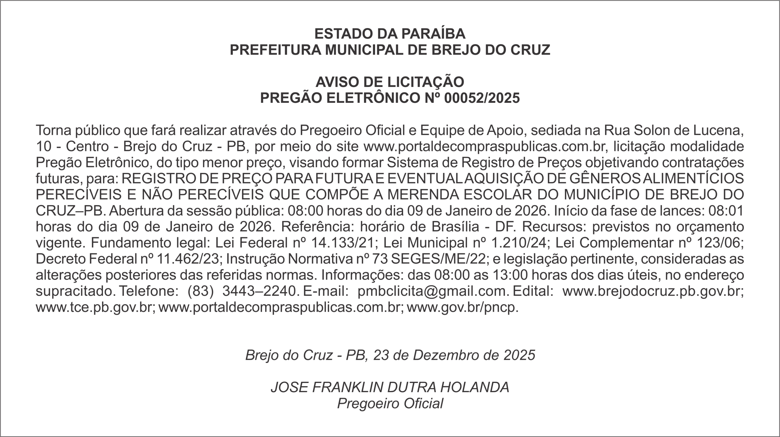 PREFEITURA MUNICIPAL DE BREJO DO CRUZ – AVISO DE LICITAÇÃO – PREGÃO ELETRÔNICO Nº 00052/2025