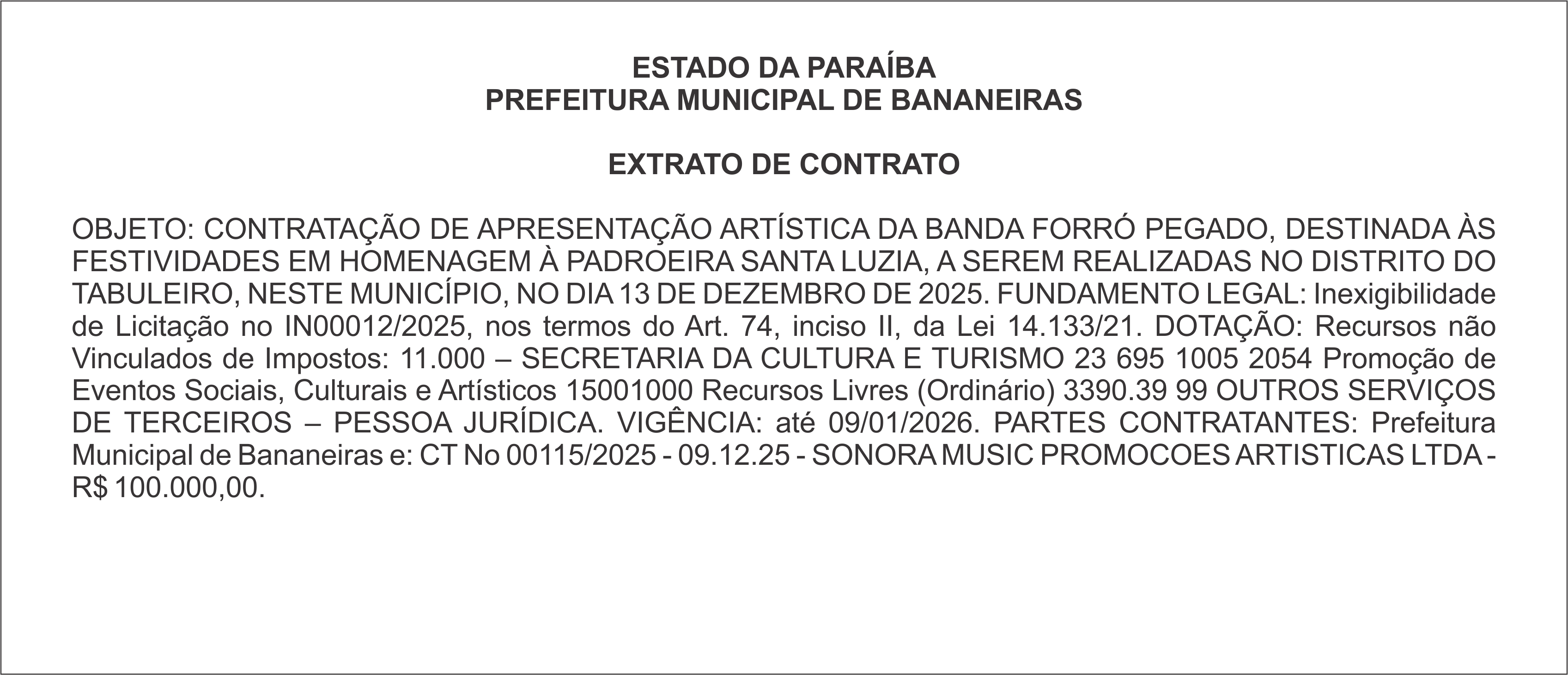 PREFEITURA MUNICIPAL DE BANANEIRAS – EXTRATO DE CONTRATO