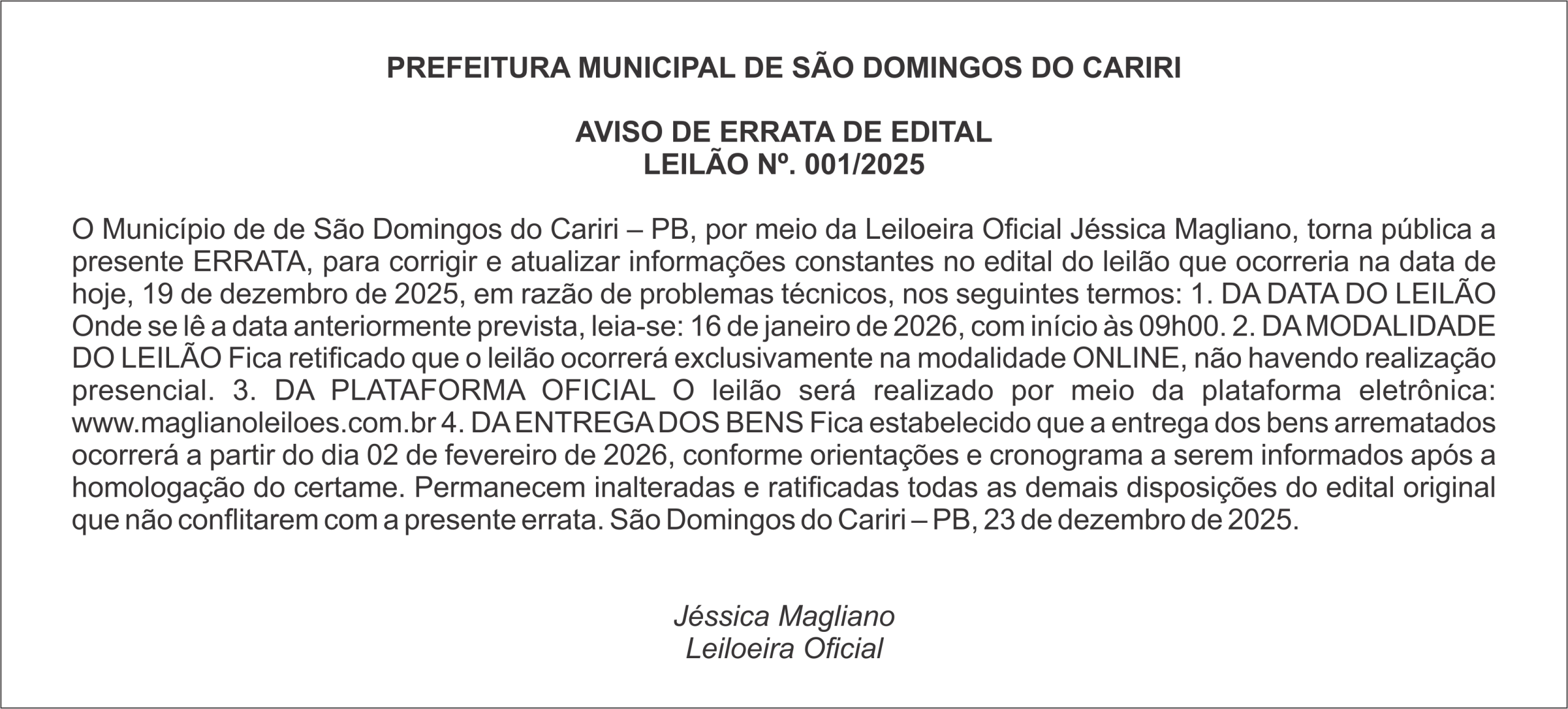 PREFEITURA MUNICIPAL DE SÃO DOMINGOS DO CARIRI – AVISO DE ERRATA DE EDITAL LEILÃO Nº. 001/2025
