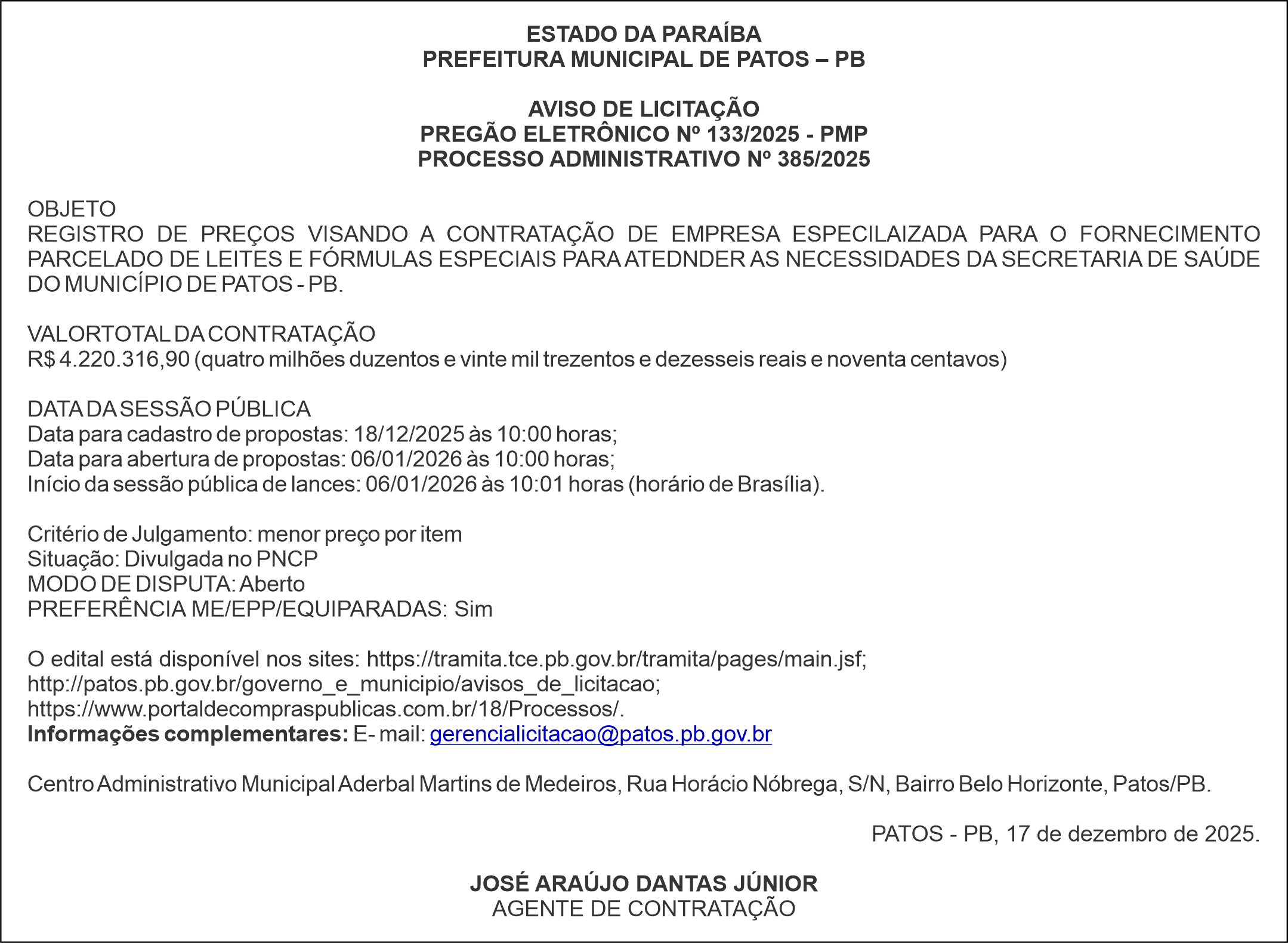 PREFEITURA MUNICIPAL DE PATOS – PB – PREGÃO ELETRÔNICO Nº 133/2025 – PMP