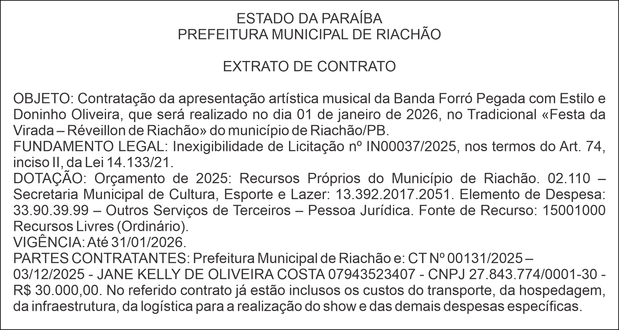 PREFEITURA MUNICIPAL DE RIACHÃO – EXTRATO DE CONTRATO