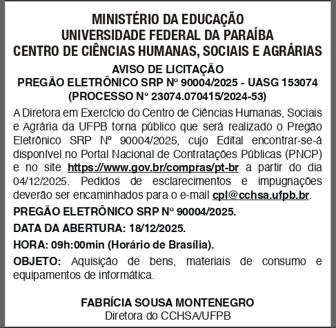 UFPB – PREGÃO ELETRÔNICO 90004_2025