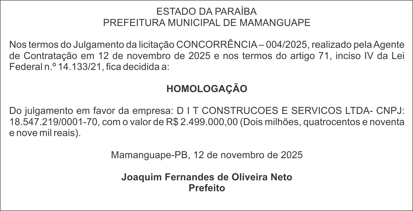 PREFEITURA MUNICIPAL DE MAMANGUAPE – HOMOLOGAÇÃO