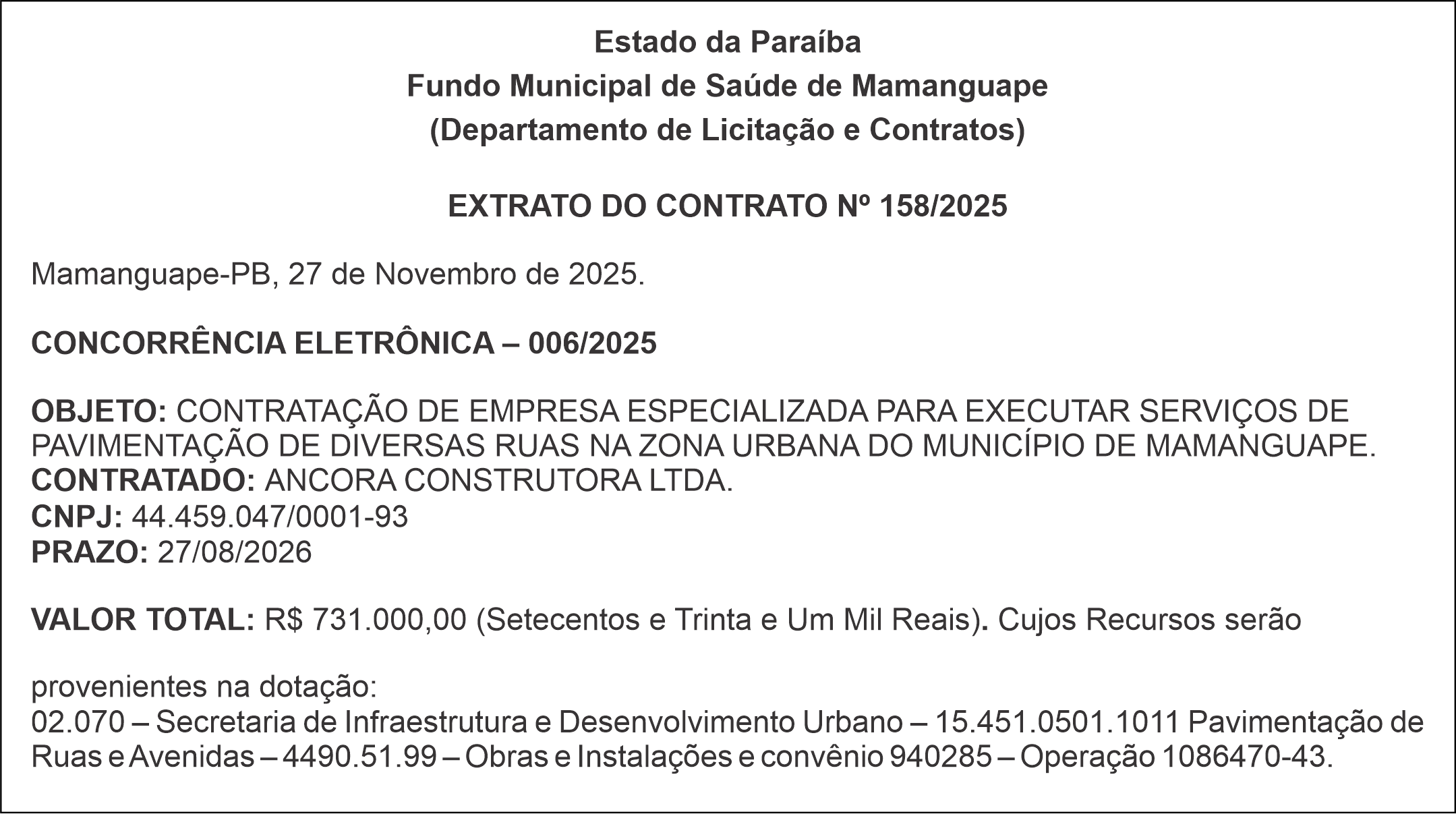 FUNDO MUNICIPAL DE SAÚDE DE MAMANGUAPE – EXTRATO DO CONTRATO Nº 158/2025