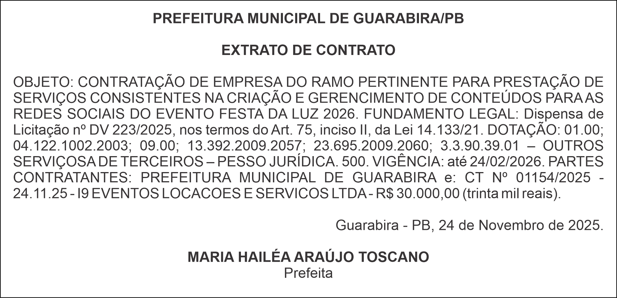 PREFEITURA MUNICIPAL DE GUARABIRA/PB – EXTRATO DE CONTRATO