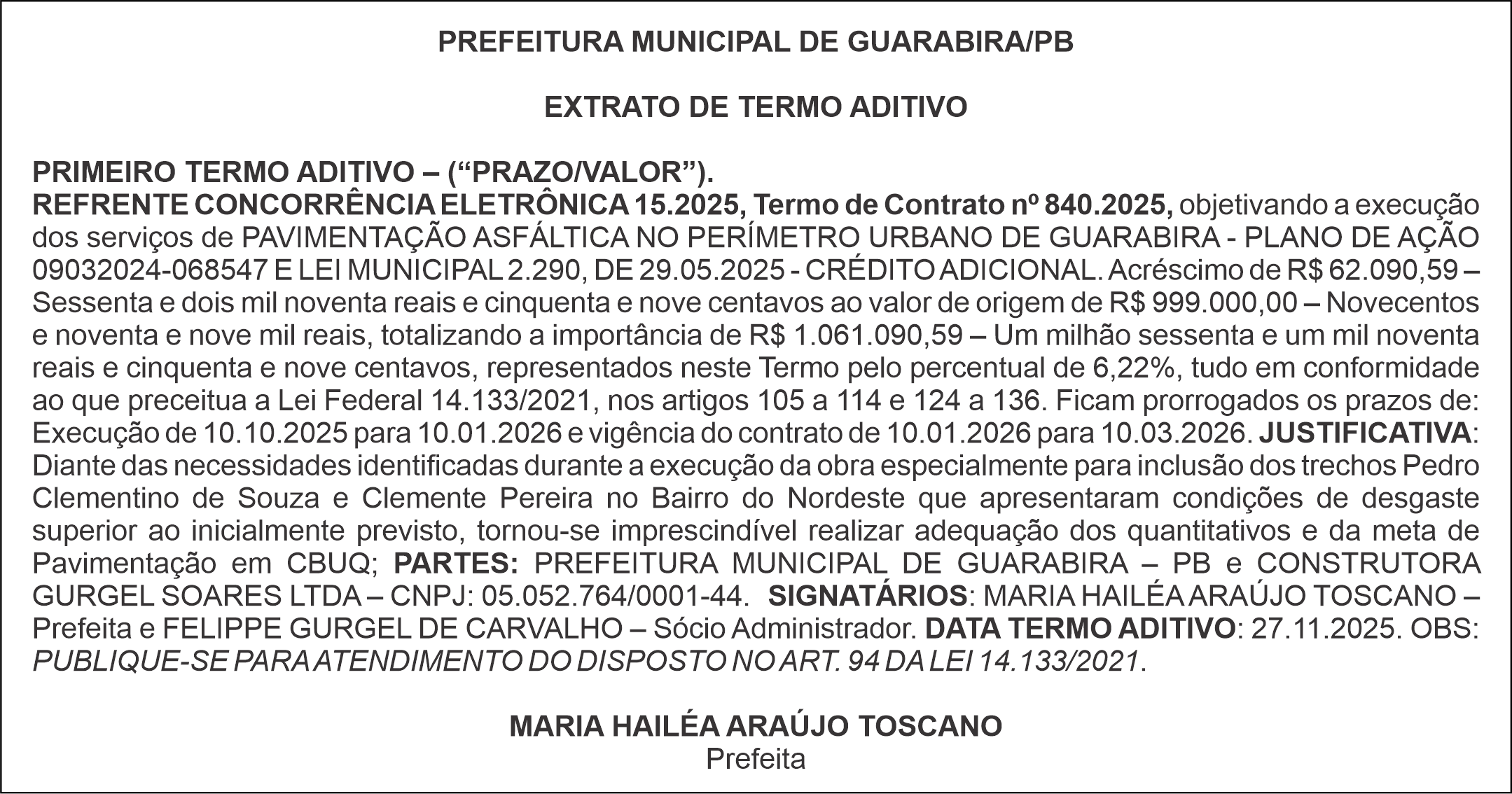 PREFEITURA MUNICIPAL DE GUARABIRA/PB – EXTRATO DE TERMO ADITIVO