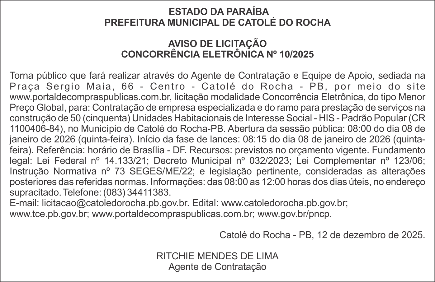 PREFEITURA MUNICIPAL DE CATOLÉ DO ROCHA – AVISO DE LICITAÇÃO – CONCORRÊNCIA ELETRÔNICA Nº 10/2025