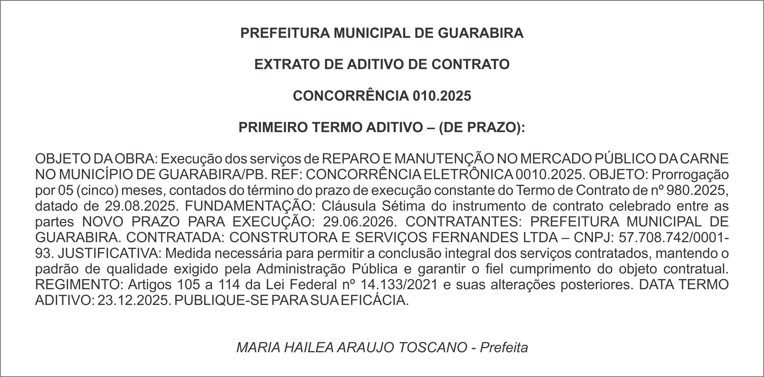PREFEITURA MUNICIPAL DE GUARABIRA – EXTRATO DE ADITIVO DE CONTRATO