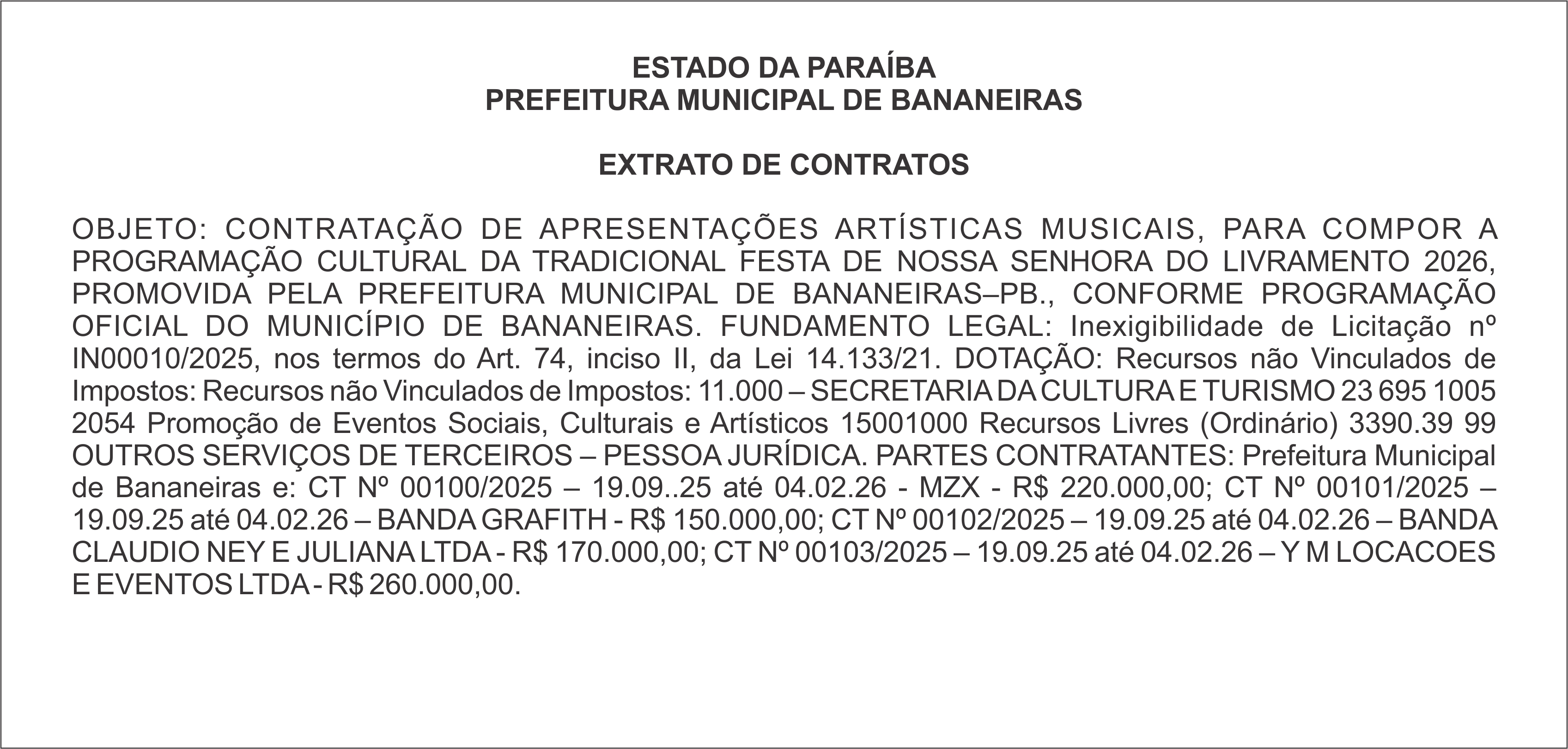PREFEITURA MUNICIPAL DE BANANEIRAS – EXTRATO DE CONTRATOS