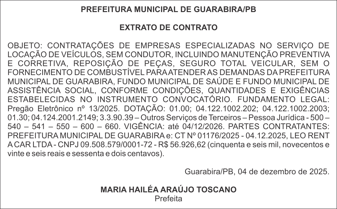 PREFEITURA MUNICIPAL DE GUARABIRA/PB – EXTRATO DE CONTRATO