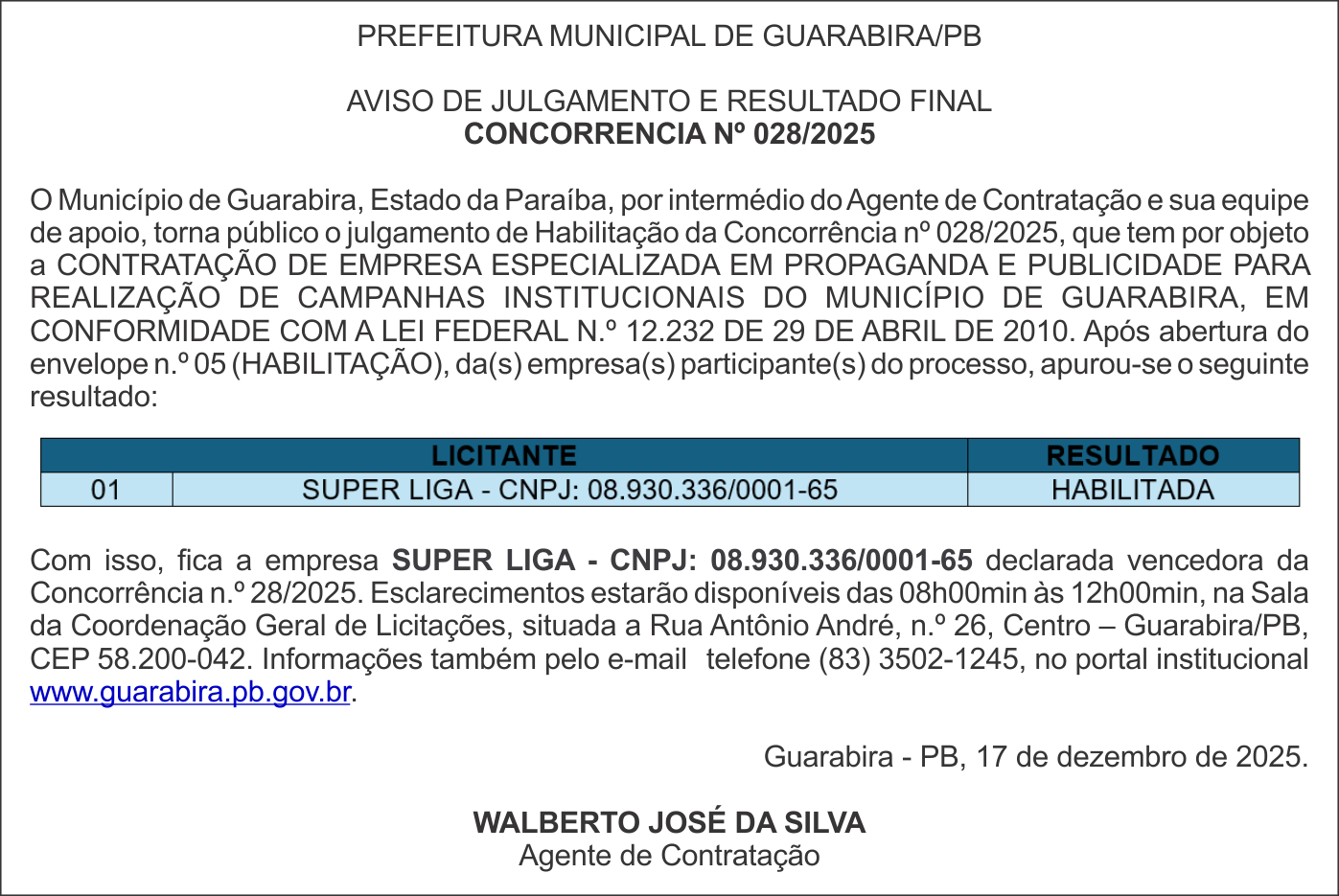 PREFEITURA MUNICIPAL DE GUARABIRA/PB – AVISO DE JULGAMENTO E RESULTADO FINAL – CONCORRENCIA Nº 028/2025