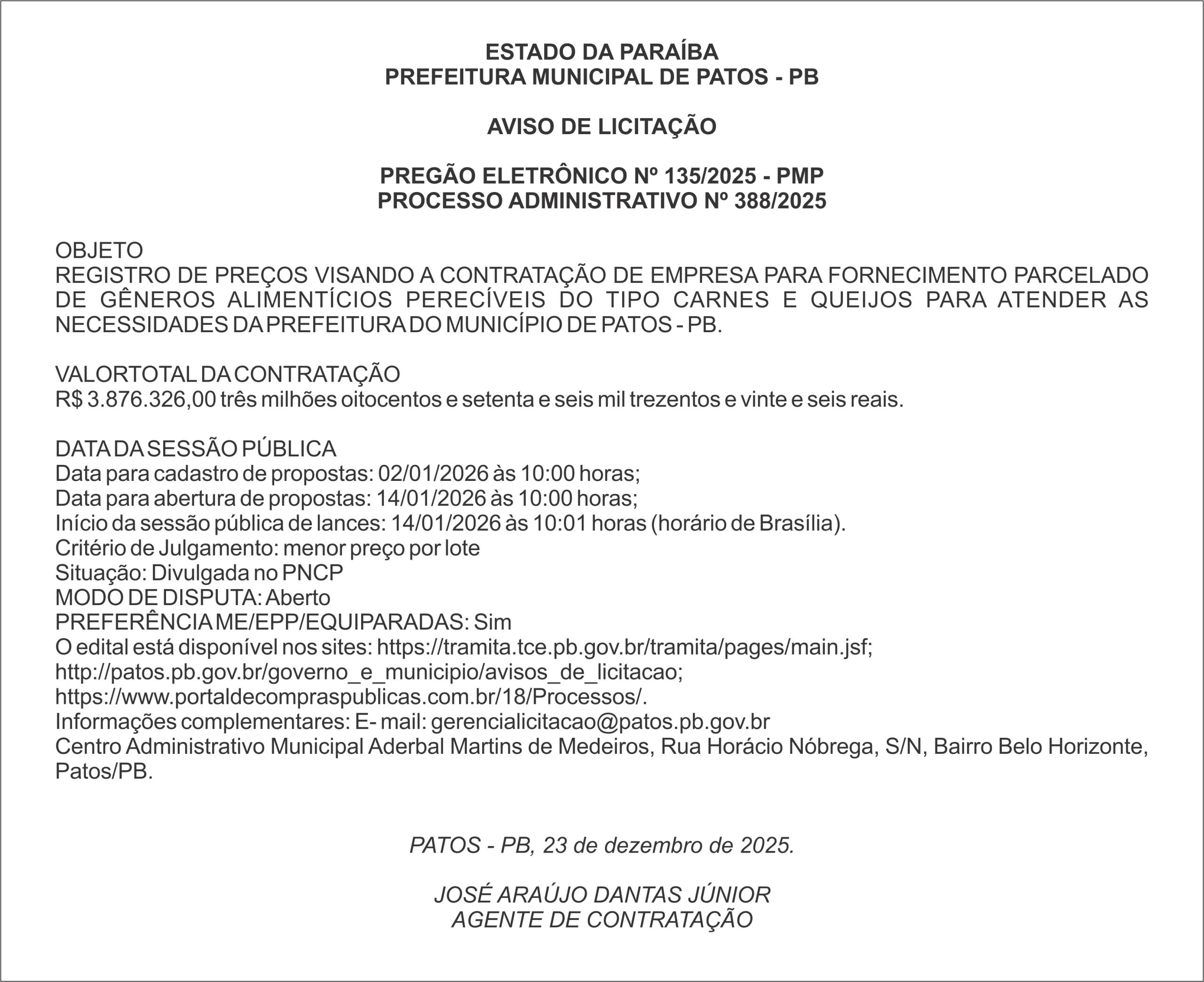 PREFEITURA MUNICIPAL DE PATOS – PB – PREGÃO ELETRÔNICO Nº 135/2025 – PMP