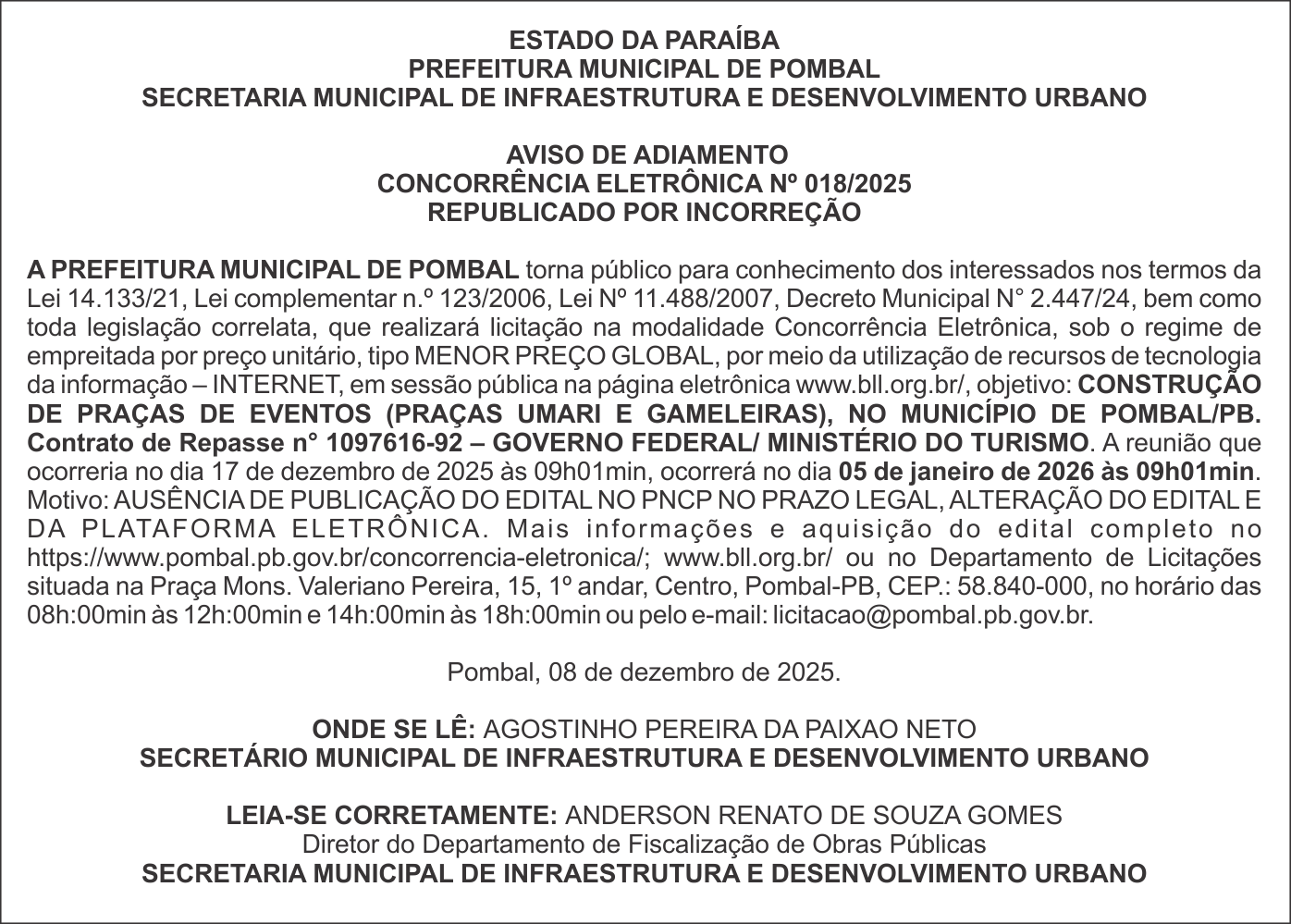 PREFEITURA MUNICIPAL DE POMBAL – AVISO DE ADIAMENTO – CONCORRÊNCIA ELETRÔNICA Nº 018/2025 (REPUBLICADO POR INCORREÇÃO)