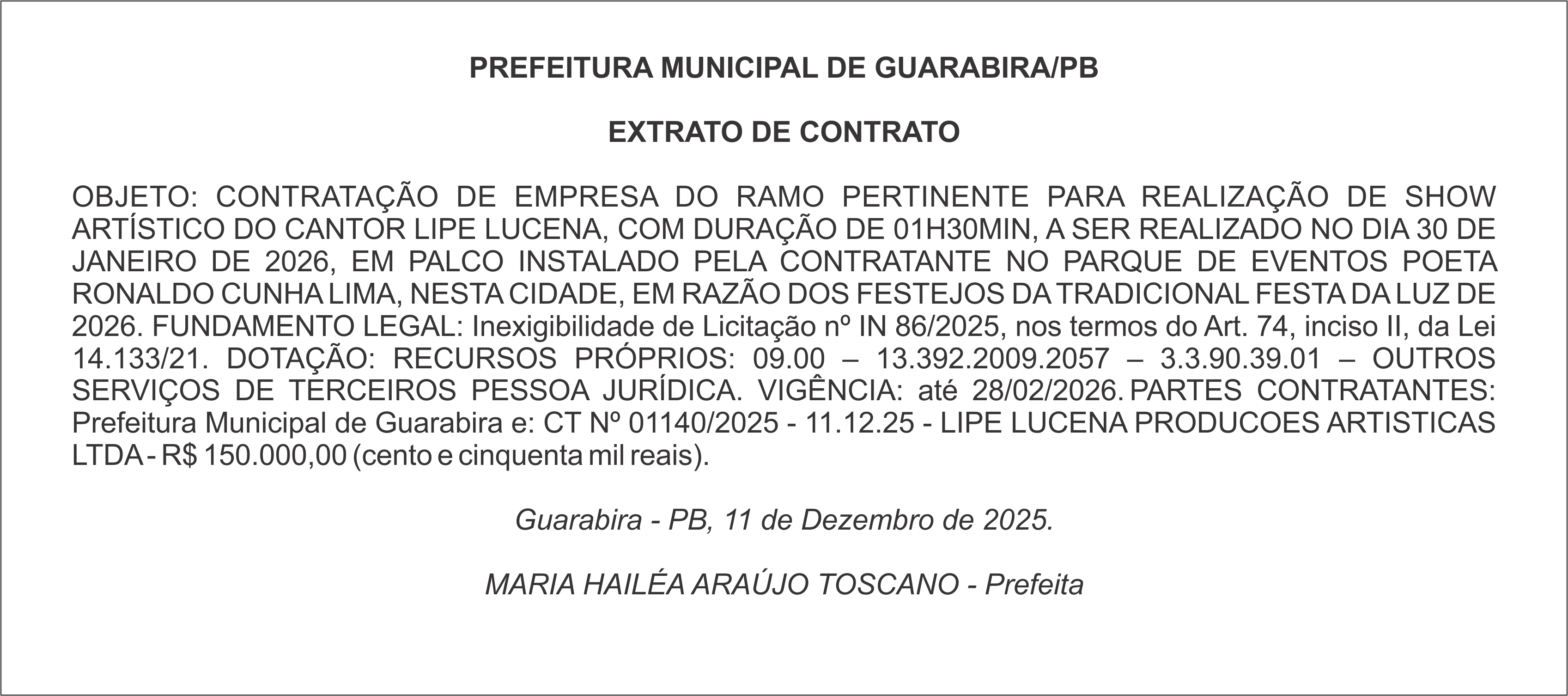 PREFEITURA MUNICIPAL DE GUARABIRA/PB – EXTRATO DE CONTRATO