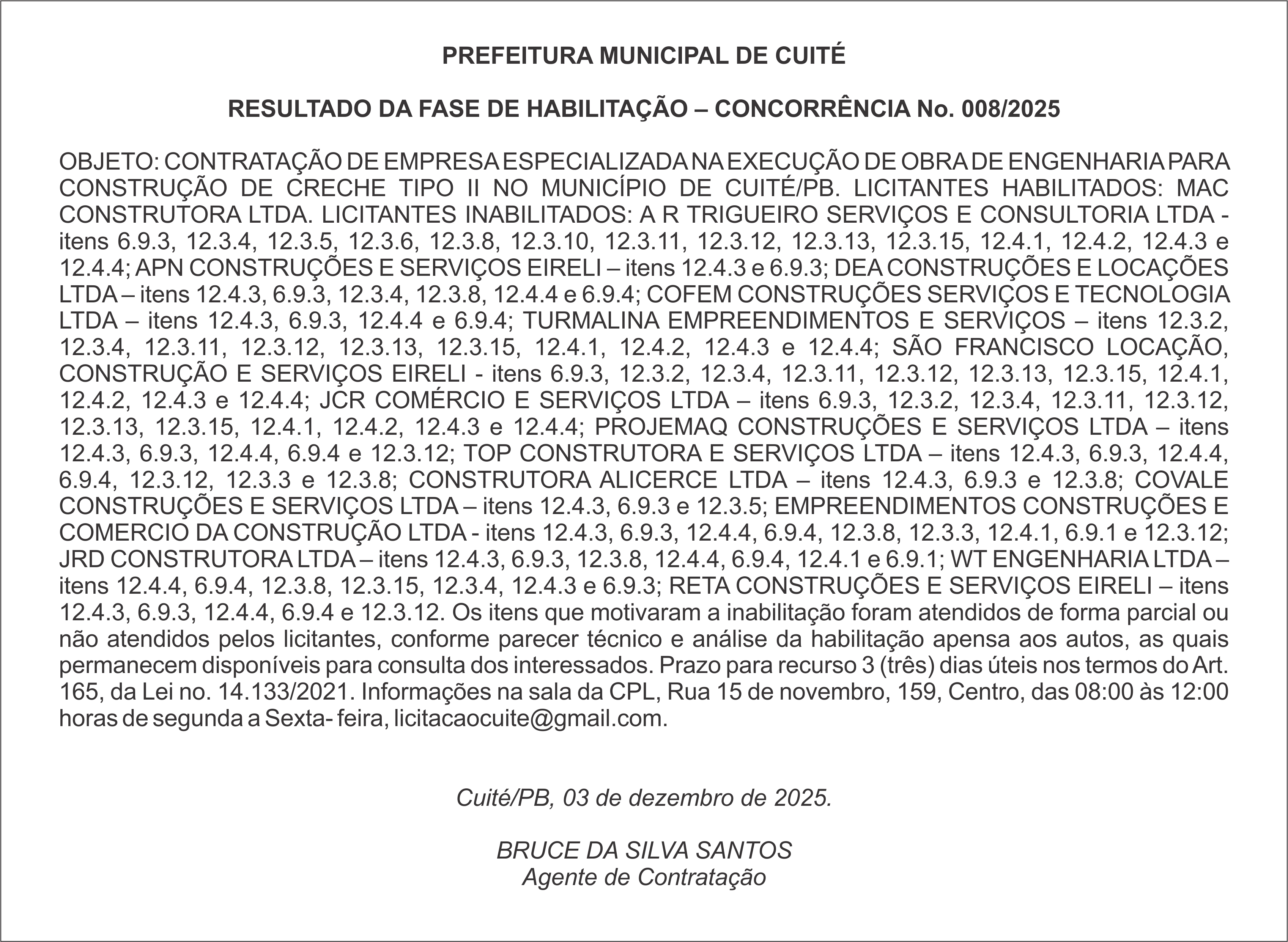 PREFEITURA MUNICIPAL DE CUITÉ – RESULTADO DA FASE DE HABILITAÇÃO – CONCORRÊNCIA No. 008/2025