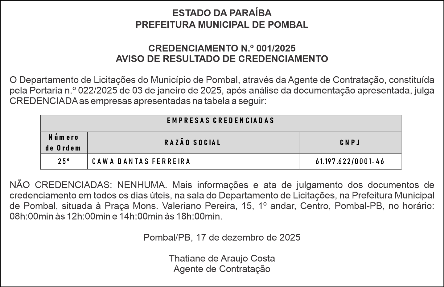 PREFEITURA MUNICIPAL DE POMBAL  – CREDENCIAMENTO N.º 001/2025 AVISO DE RESULTADO DE CREDENCIAMENTO