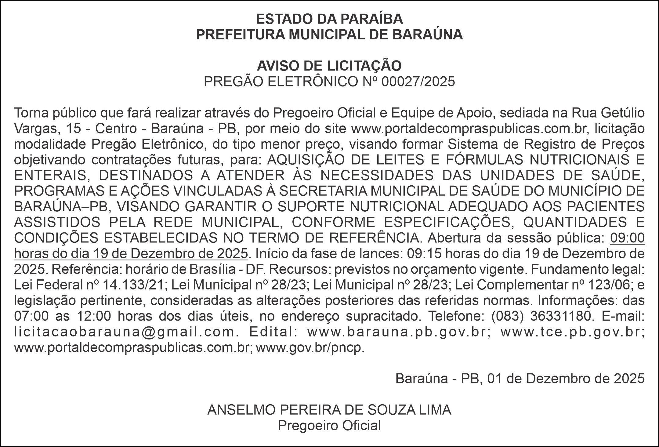 PREFEITURA MUNICIPAL DE BARAÚNA – AVISO DE LICITAÇÃO – PREGÃO ELETRÔNICO Nº 00027/2025