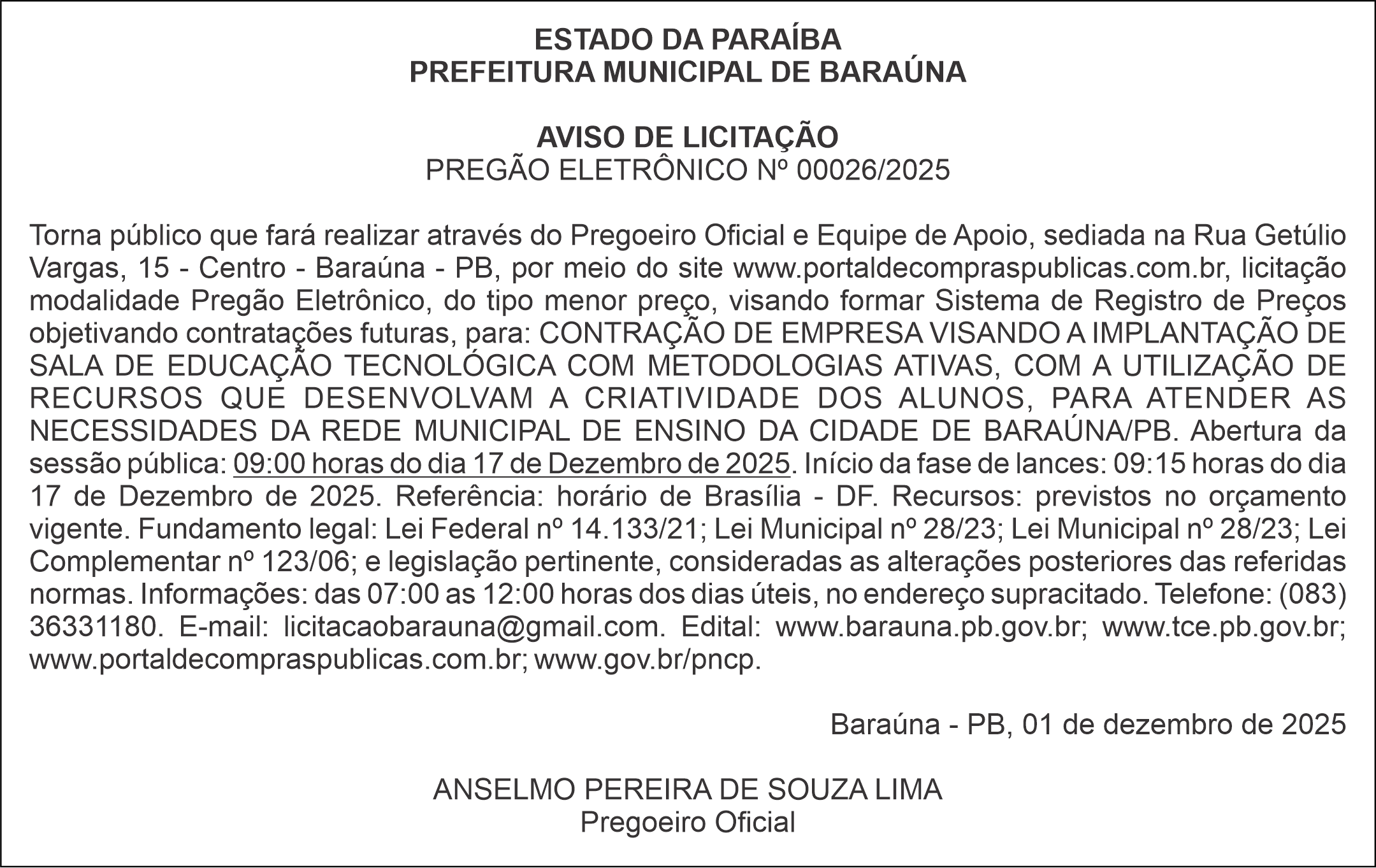 PREFEITURA MUNICIPAL DE BARAÚNA – AVISO DE LICITAÇÃO – PREGÃO ELETRÔNICO Nº 00026/2025