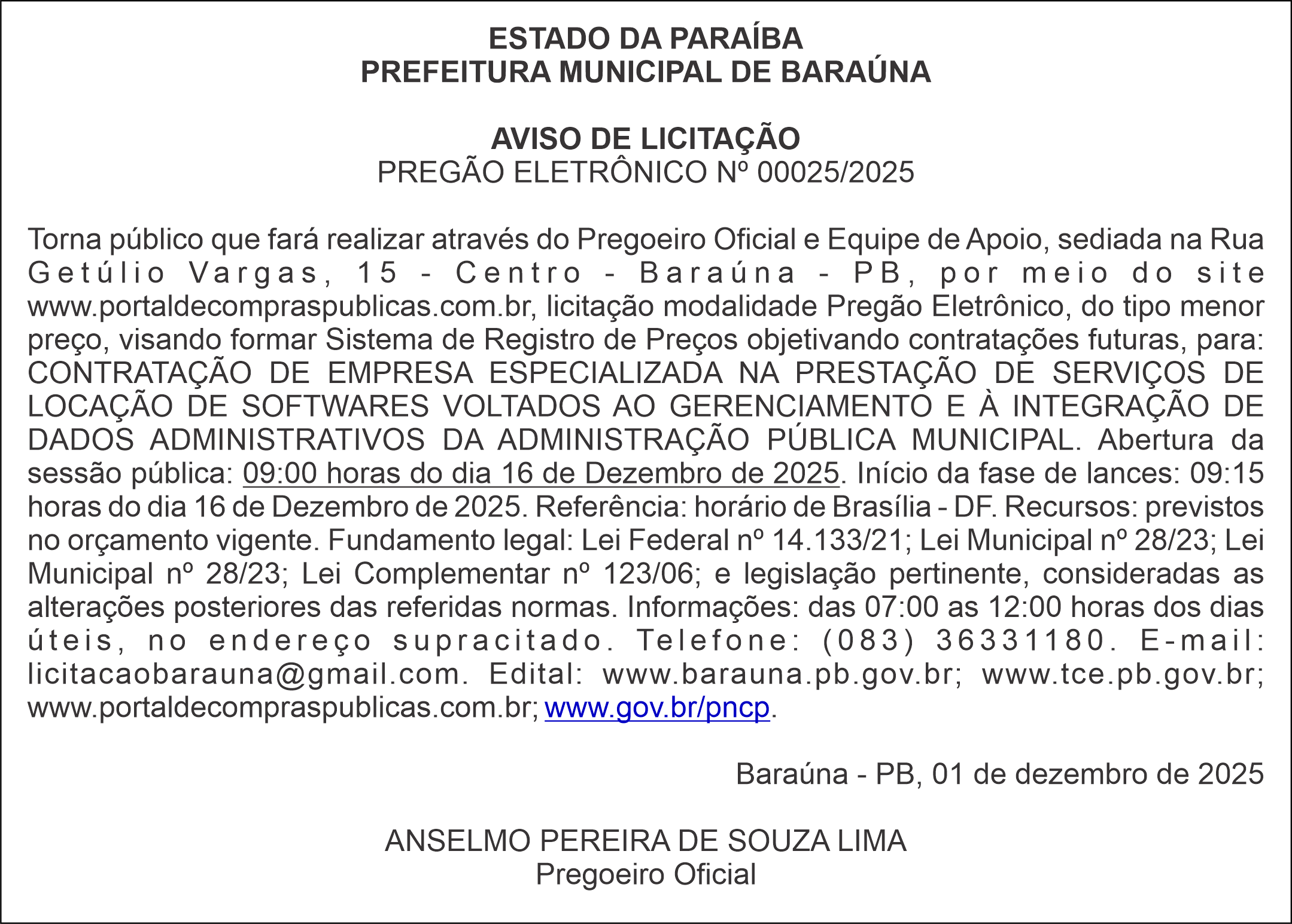 PREFEITURA MUNICIPAL DE BARAÚNA – AVISO DE LICITAÇÃO – PREGÃO ELETRÔNICO Nº 00025/2025