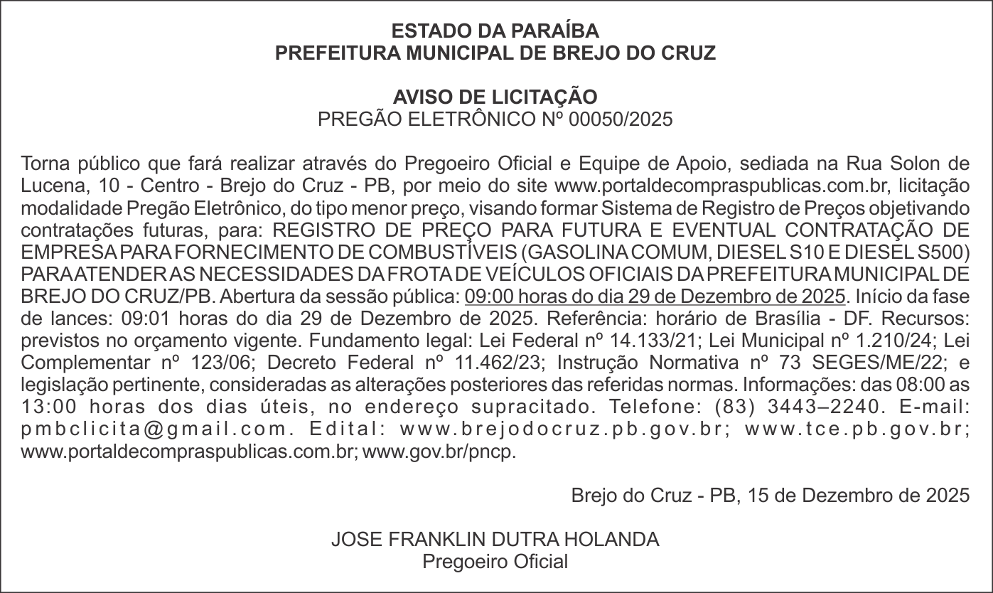 PREFEITURA MUNICIPAL DE BREJO DO CRUZ – AVISO DE LICITAÇÃO – PREGÃO ELETRÔNICO Nº 00050/2025