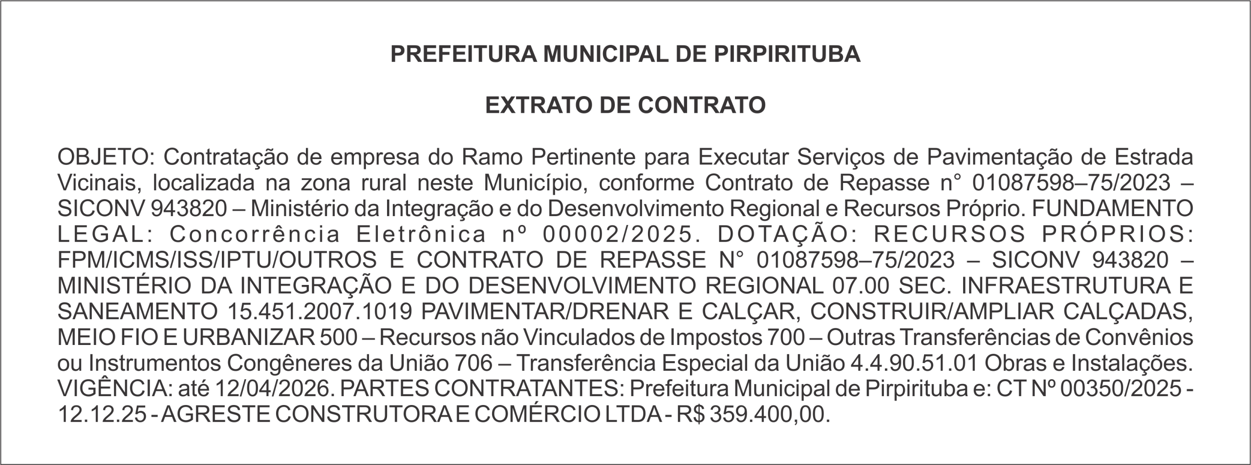 PREFEITURA MUNICIPAL DE PIRPIRITUBA – EXTRATO DE CONTRATO