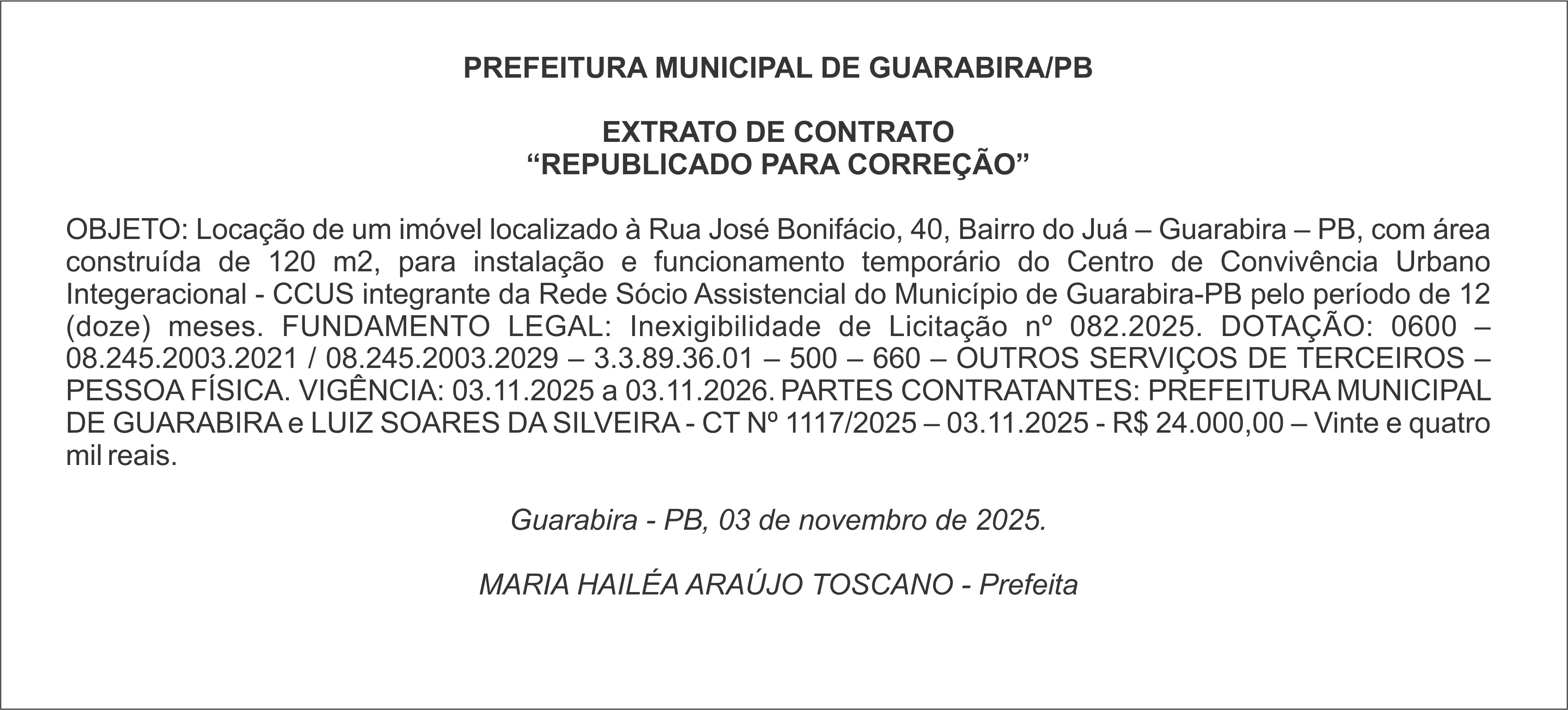 PREFEITURA MUNICIPAL DE GUARABIRA/PB – EXTRATO DE CONTRATO “REPUBLICADO PARA CORREÇÃO”