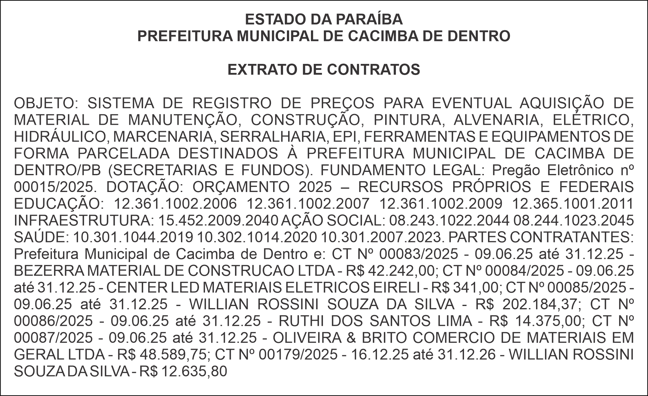 PREFEITURA MUNICIPAL DE CACIMBA DE DENTRO – EXTRATO DE CONTRATOS