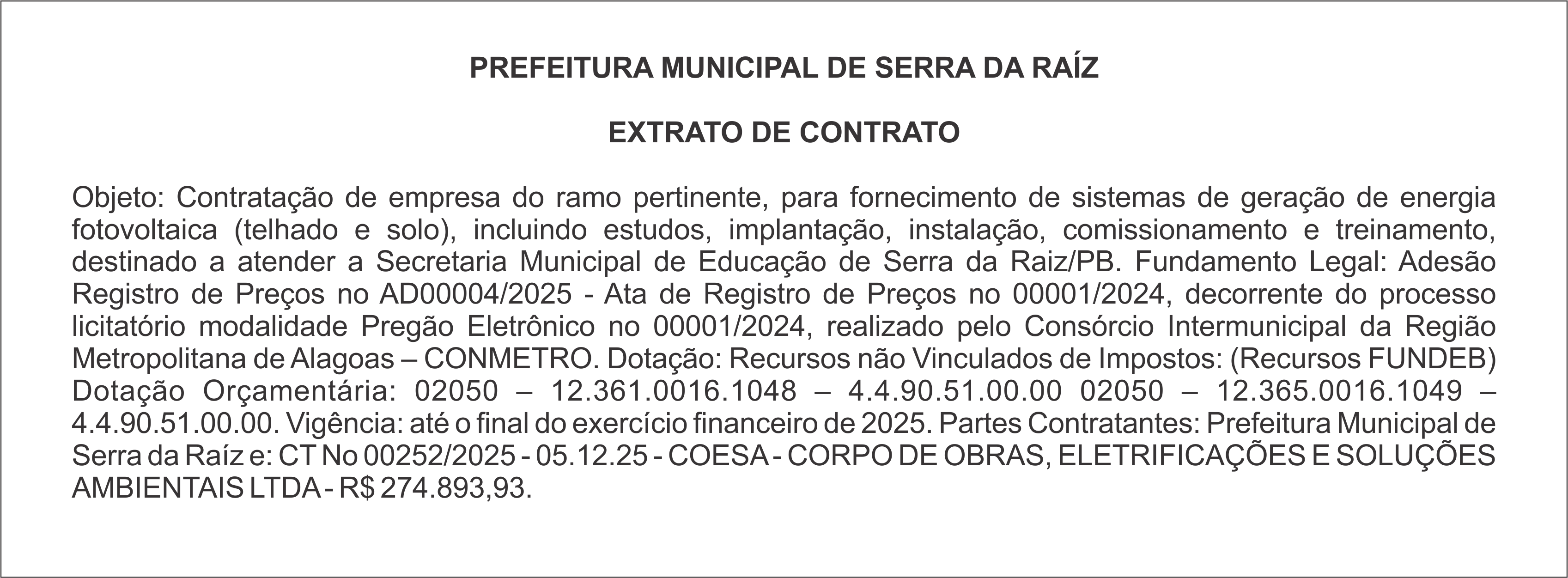 PREFEITURA MUNICIPAL DE SERRA DA RAÍZ – EXTRATO DE CONTRATO