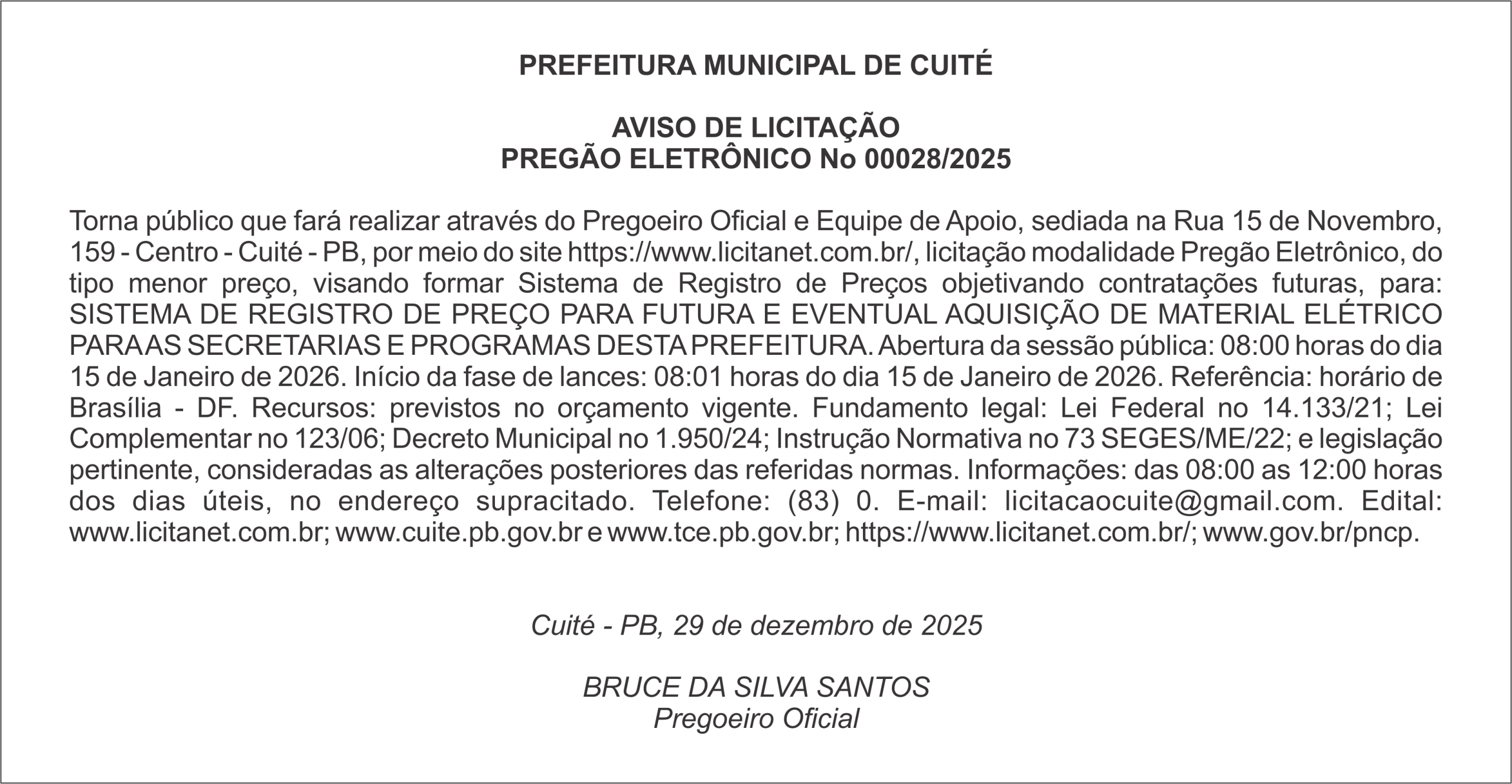 PREFEITURA MUNICIPAL DE CUITÉ – AVISO DE LICITAÇÃO – PREGÃO ELETRÔNICO No 00028/2025