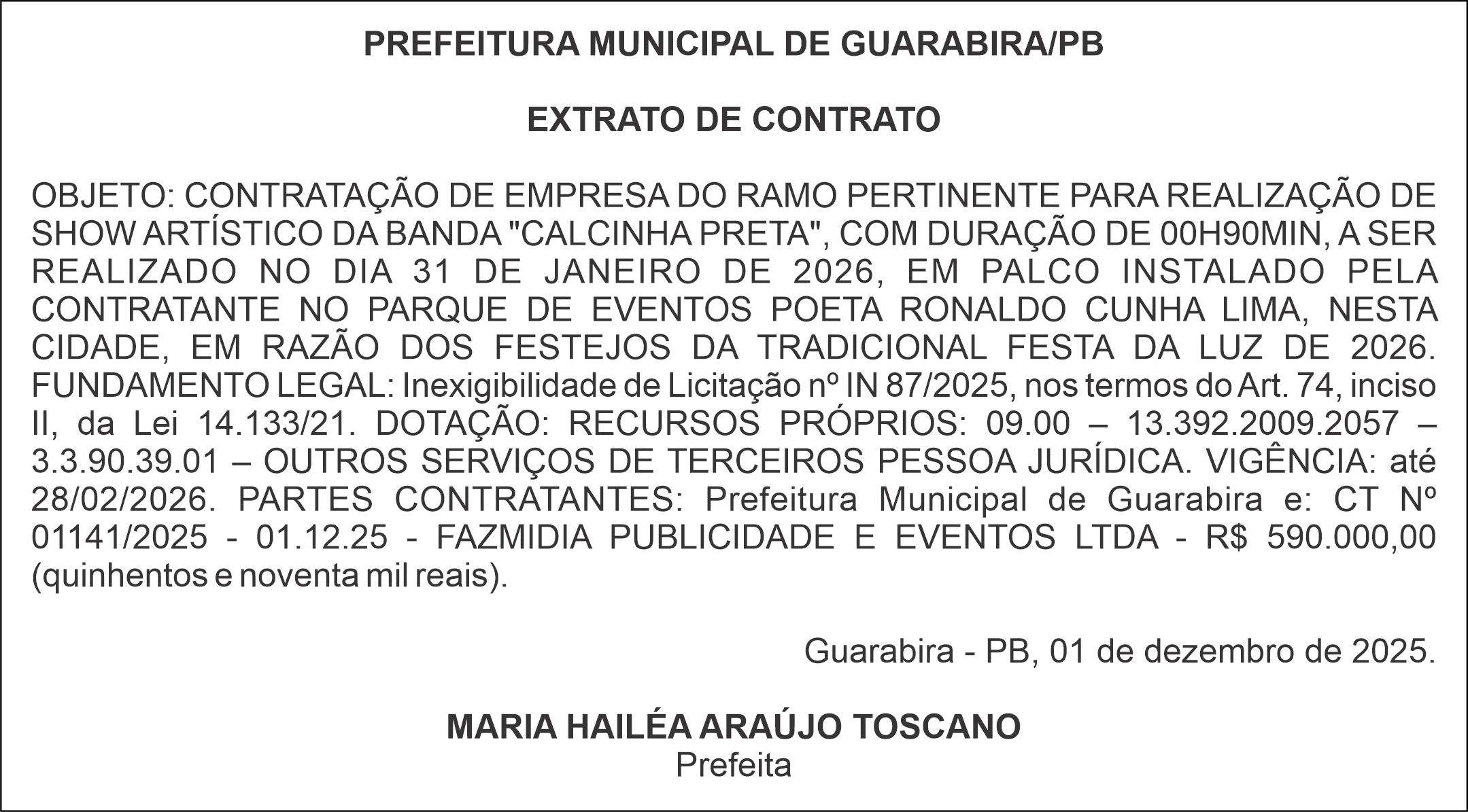 PREFEITURA MUNICIPAL DE GUARABIRA/PB – EXTRATO DE CONTRATO